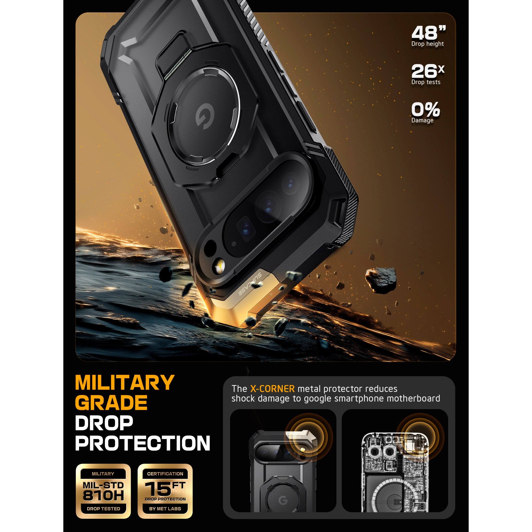 48" Drop height  
26x Drop tests  
0% Damage  

MILITARY GRADE DROP PROTECTION  

The X-CORNER metal protector reduces shock damage to google smartphone motherboard  

MILITARY CERTIFICATION  
MIL-STD 810H  
15 FT DROP PROTECTION  
DROP TESTED BY MET LABS