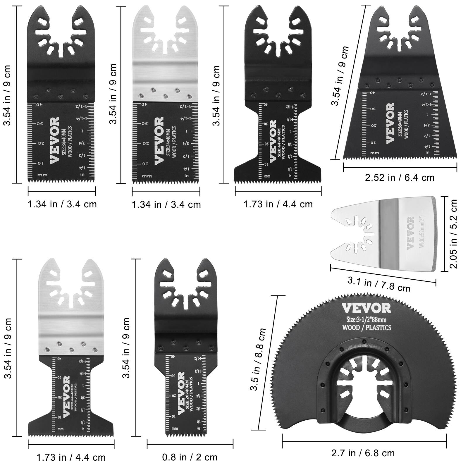 Sure, here is the corrected and grouped text from the image:

1. **Top Row:**
   - 3.54 in / 9 cm
   - 1.34 in / 3.4 cm
   - 1.73 in / 4.4 cm
   - 2.52 in / 6.4 cm

2. **Middle Row:**
   - 3.54 in / 9 cm
   - 1.34 in / 3.4 cm
   - 1.73 in / 4.4 cm
   - 0.8 in / 2 cm

3. **Bottom Row:**
   - 3.5 in / 8.8 cm
   - 2.7 in / 6.8 cm
   - Size: 3-1/2" / 88mm
   - Width: 52mm (2")

4. **Additional Text:**
   - VEVO
   - WOOD / PLASTICS
   - Size: 3-1/2" / 88mm