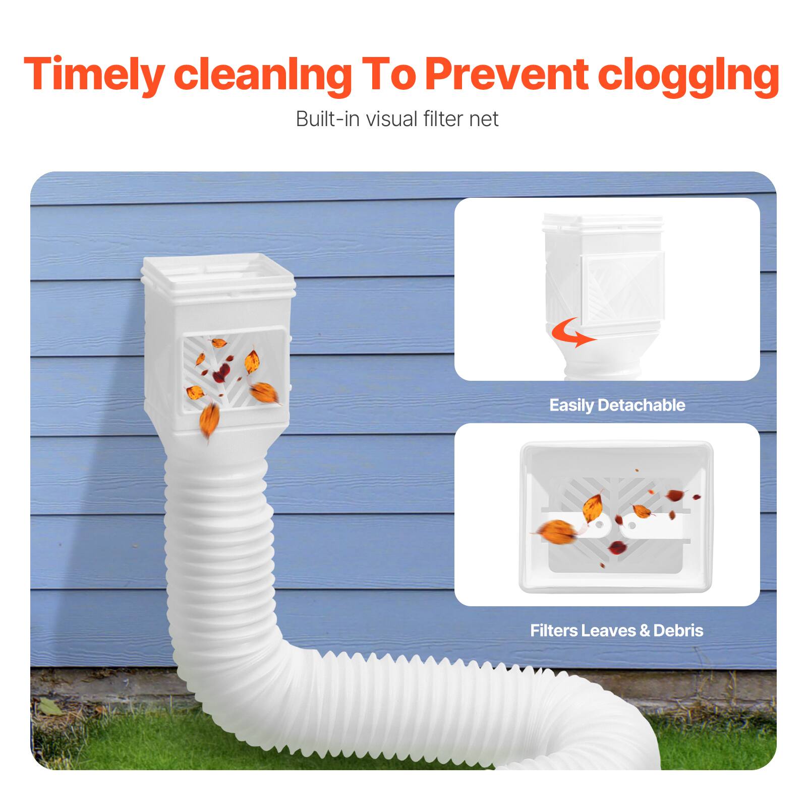 Timely cleaning To Prevent clogging, Built-in visual filter net, Easily Detachable, Filters Leaves & Debris