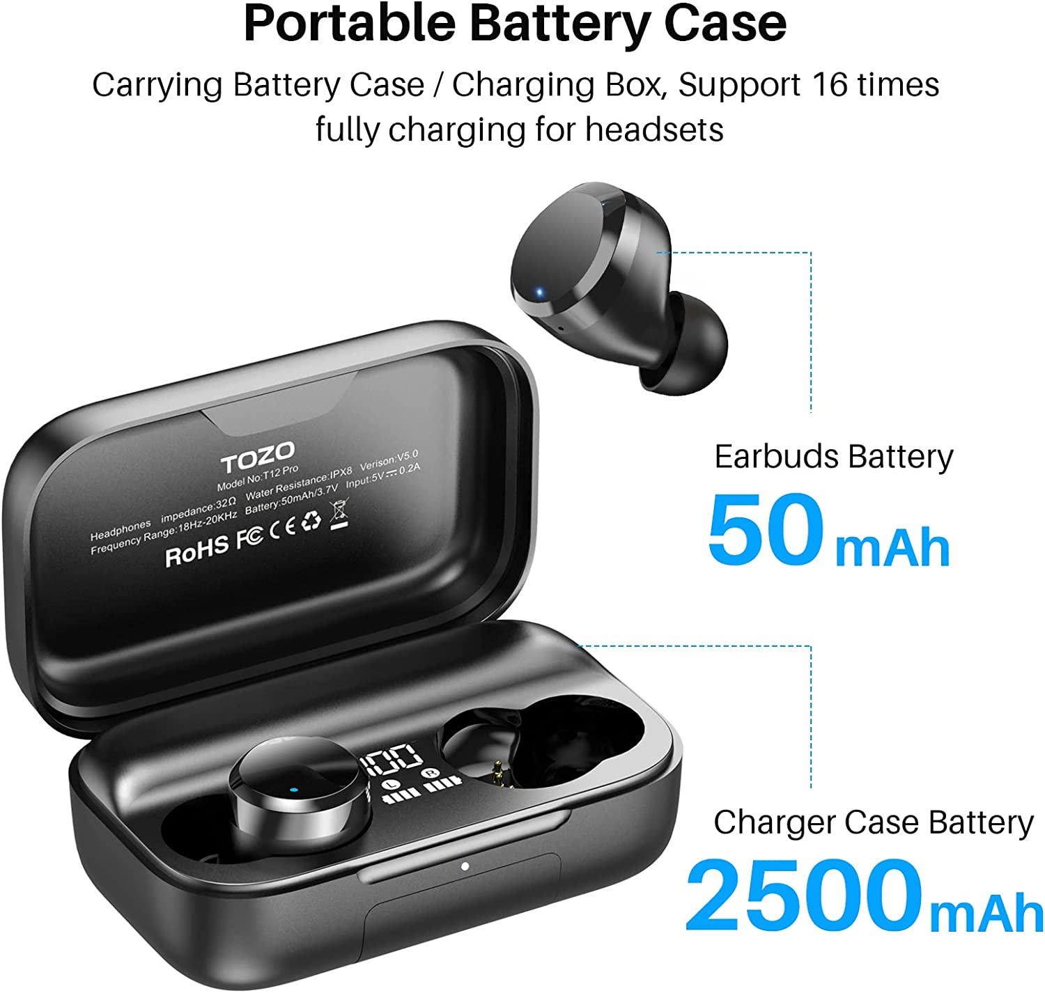 Portable Battery Case Carrying Battery Case / Charging Box, Support 16 times fully charging for headsets TOZO T12 Pro Version VS 0.2A Model No. T12 Pro No.7 Resistance: IPX8 Input: 5V 20.2A Input: 5V Water 7V Impedance: 320 Ohm Battery: 50mAh/3 Headphones Range: 18Hz-20KHz C E Frequency RoHS FC Earbuds Battery 50 mAh "I Charger Case Battery 2500 mAh