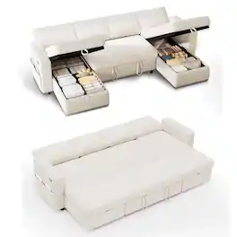 Vipbear - 81" U Shaped Pull Out Couches for Living Room with Storage Chaise, USB Port&Cupholder - Beige