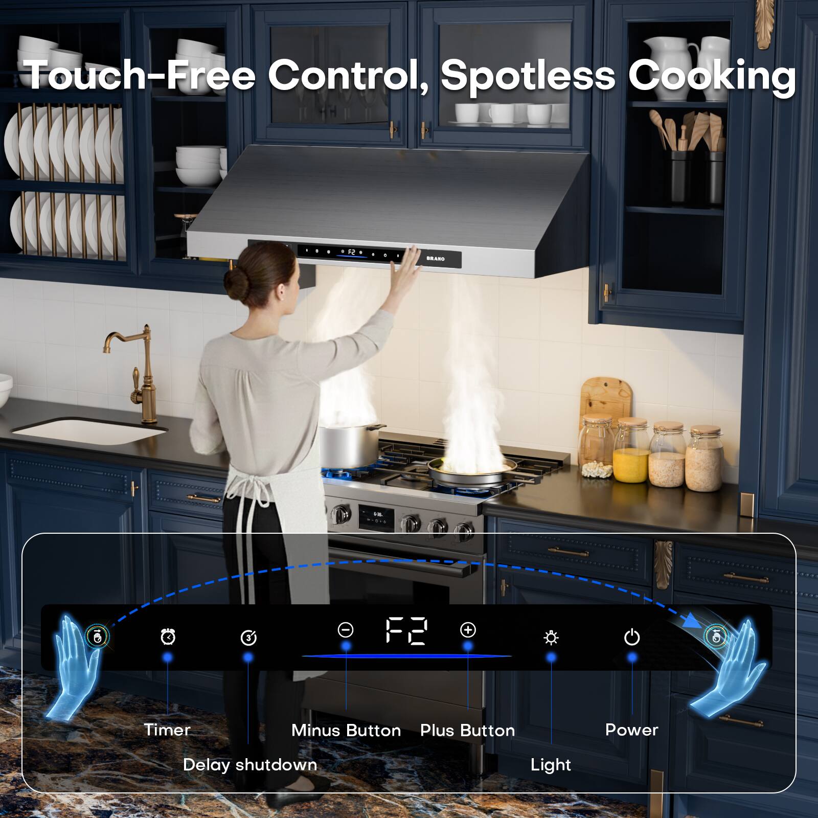 Touch-Free Control, Spotless Cooking

- Timer
- Minus Button
- Plus Button
- Power
- Delay shutdown
- Light