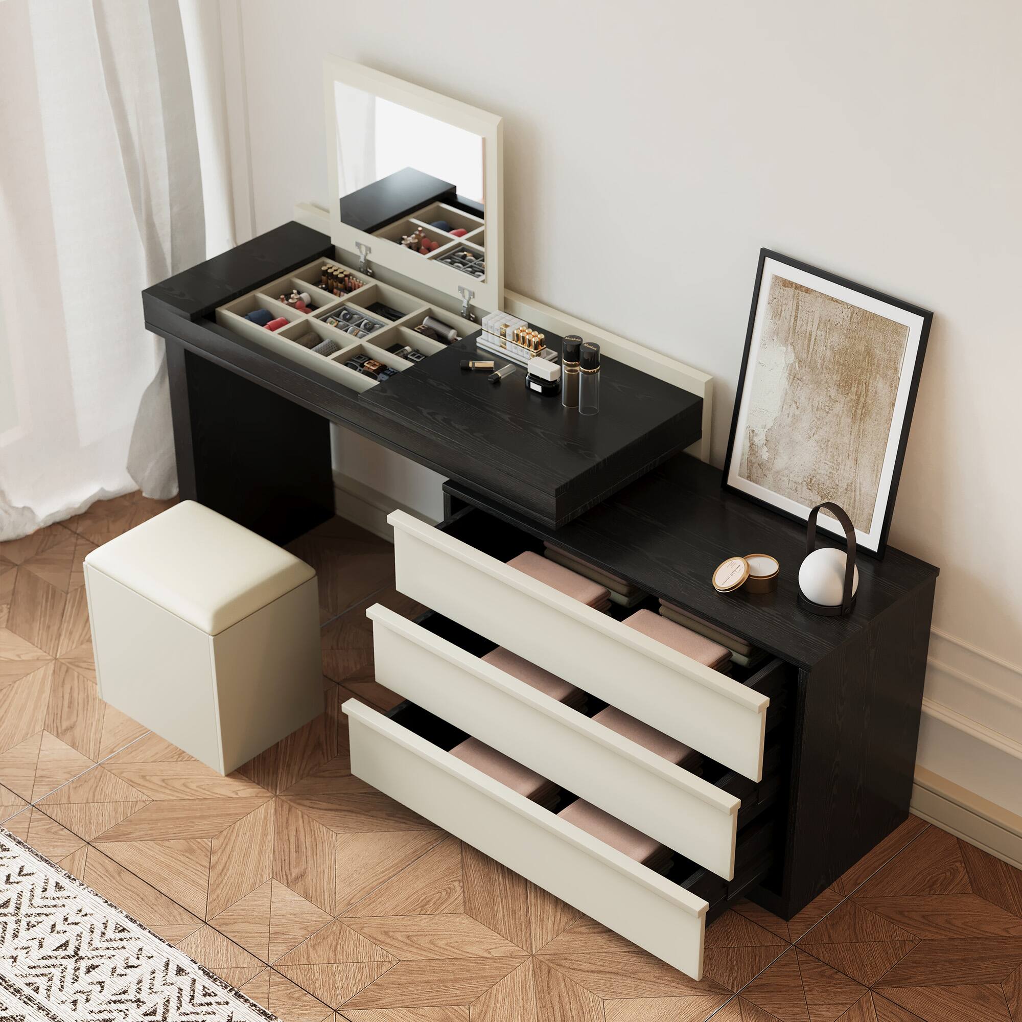 Alt View 2. luck idea - Modern Expandable Countertop Vanity with Hidden Mirror, Storage Drawers and Dressing Stool - Black.