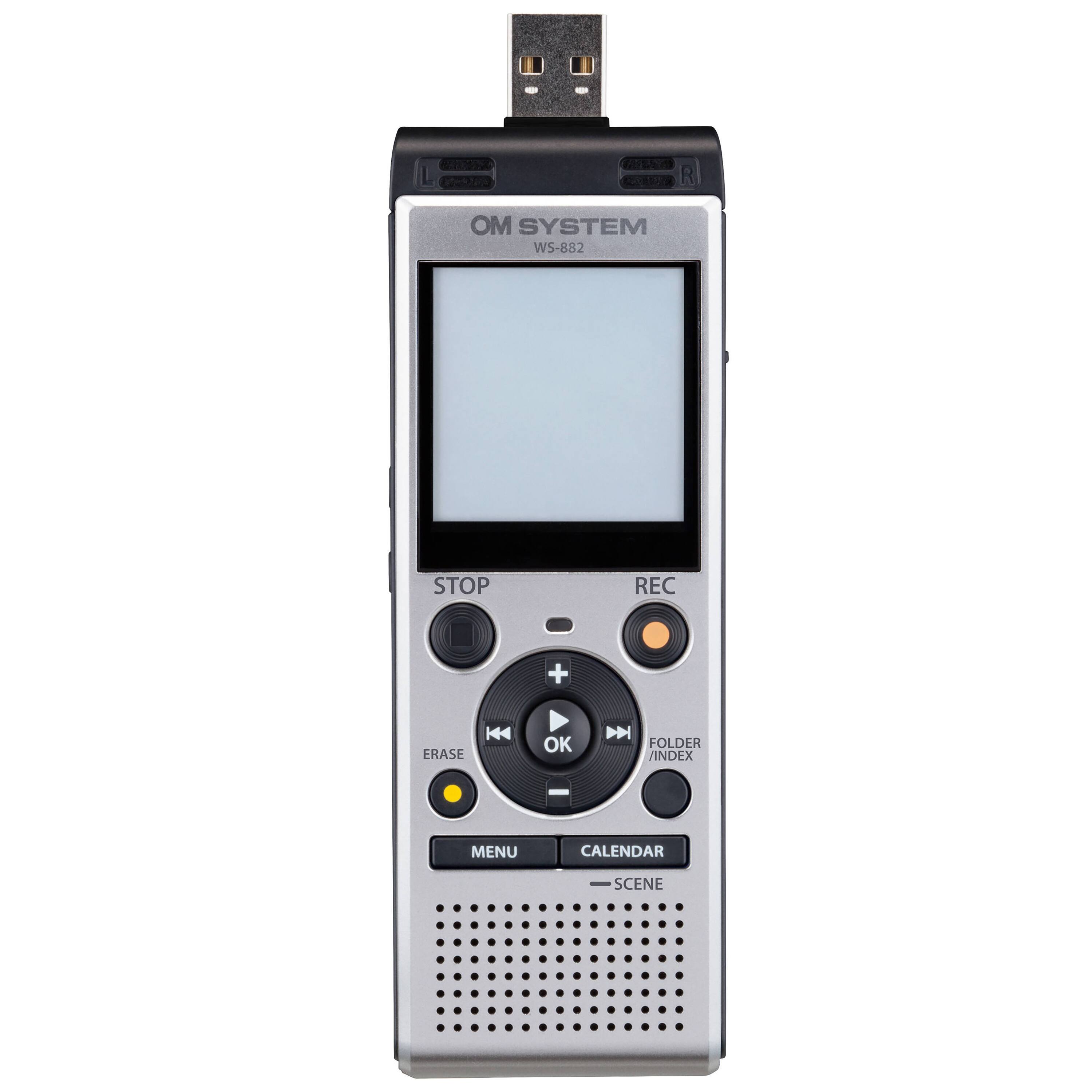 The text on the image reads "OM SYSTEM WS-882 STOP REC + ERASE K4 OK D FOLDER/INDEX - MENU CALENDAR SCENE."