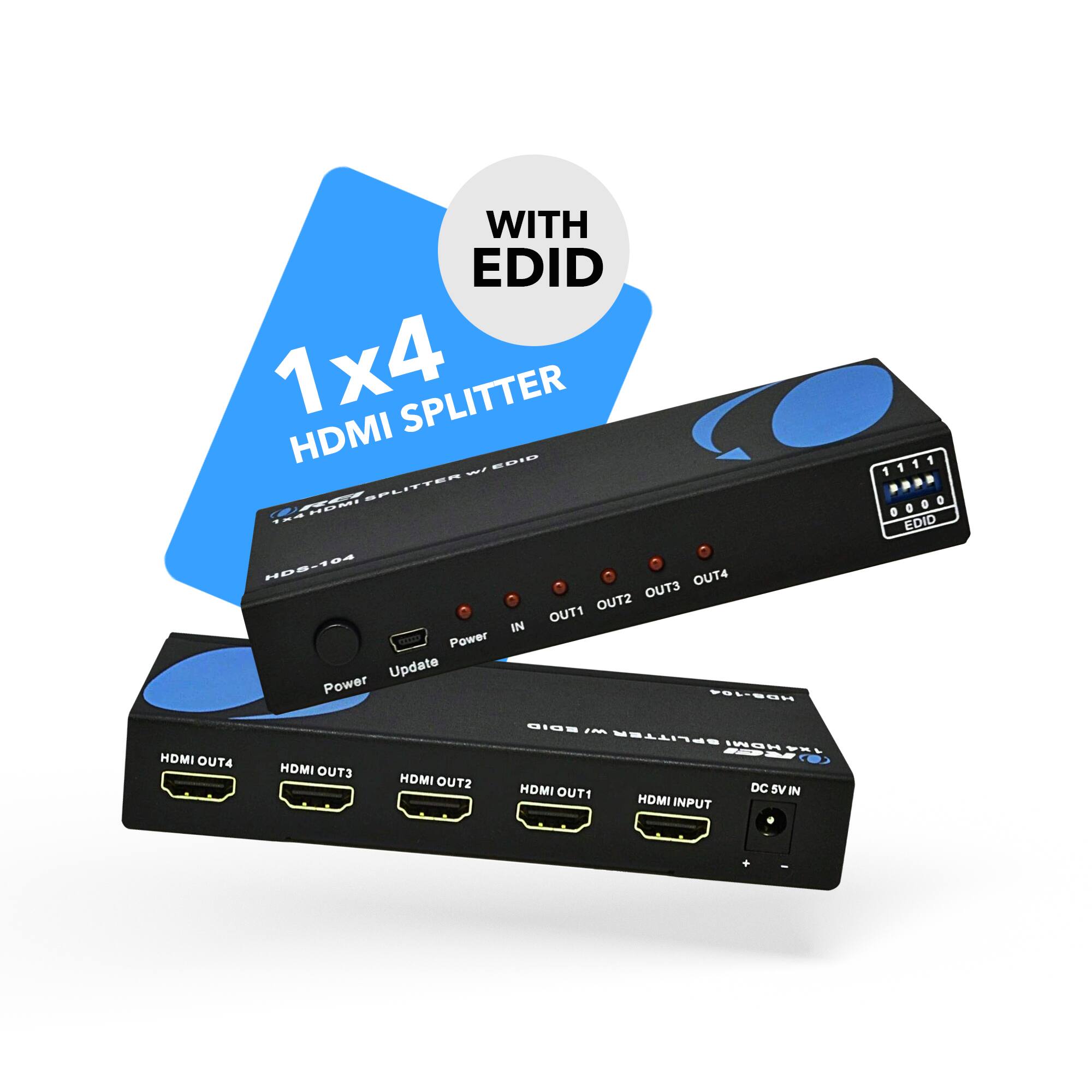 The corrected text is:

"WITH EDID 1x4 HDMI SPLITTER HDS-104 OUT4 OUT3 OUT2 OUT1 IN HDMI INPUT Power Update Power 18SIE4 1111 0 .... EDID HDMI OUT4 HDMI OUT3 HDMI OUT2 SPLITTER SOE IN HDMI OUT1 DC SV IN HDMI INPUT"
