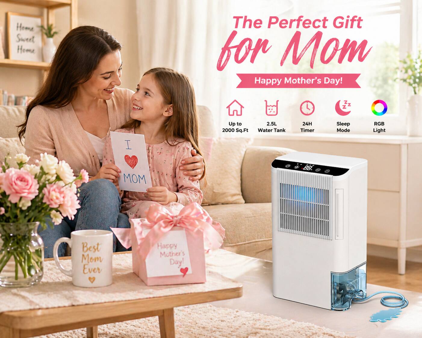 Home Sweet Home

The Perfect Gift for Mom  
Happy Mother's Day!

- Up to 2000 Sq.Ft
- 2.5L Water Tank
- 24H Timer
- Sleep Mode
- RGB Light

Best Mom Ever  
Happy Mother's Day!