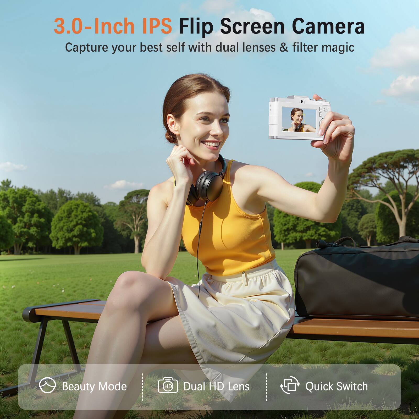 3.0-Inch IPS Flip Screen Camera  
Capture your best self with dual lenses & filter magic  

Beauty Mode  
Dual HD Lens  
Quick Switch