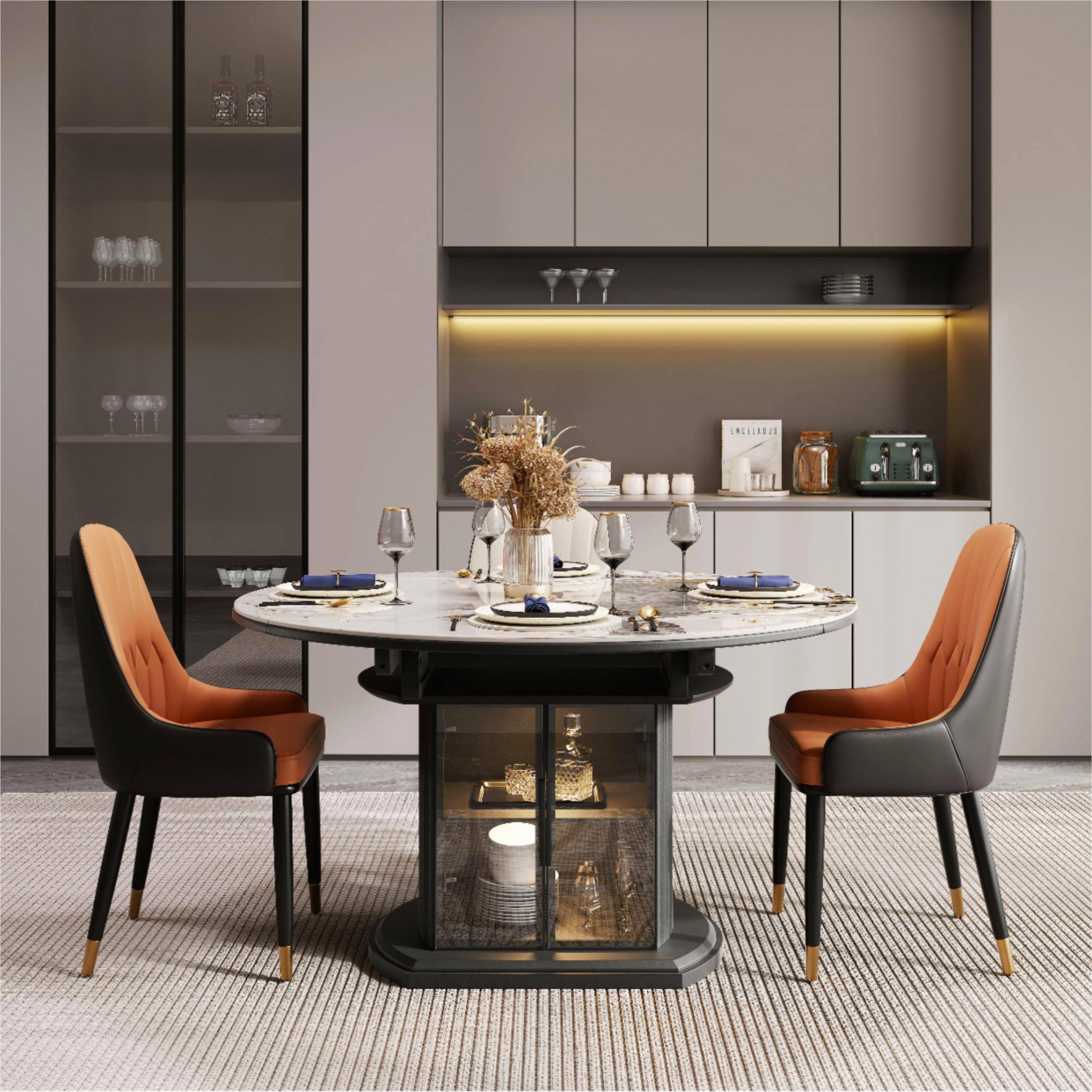 Angle. POVISON - Modern Orange Dining Chair (Set of 8), with PU Leather and Metal Legs - Gray & Beige PU Leather.