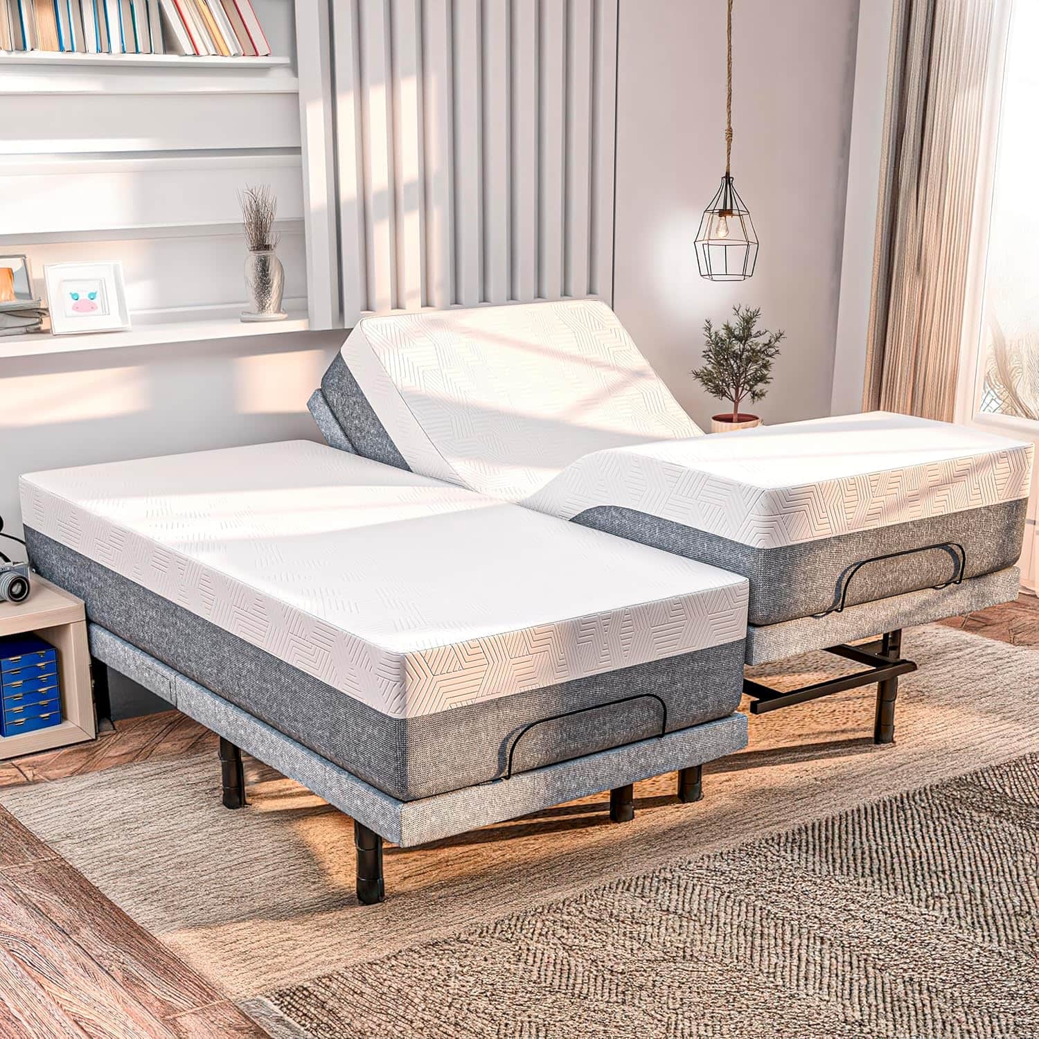 Renanim - SFE Split King Adjustable Bed Frame with 10" Hybrid Mattress, Massage, USB, Remote & UnderBed Light - Electric Bed - Gray
