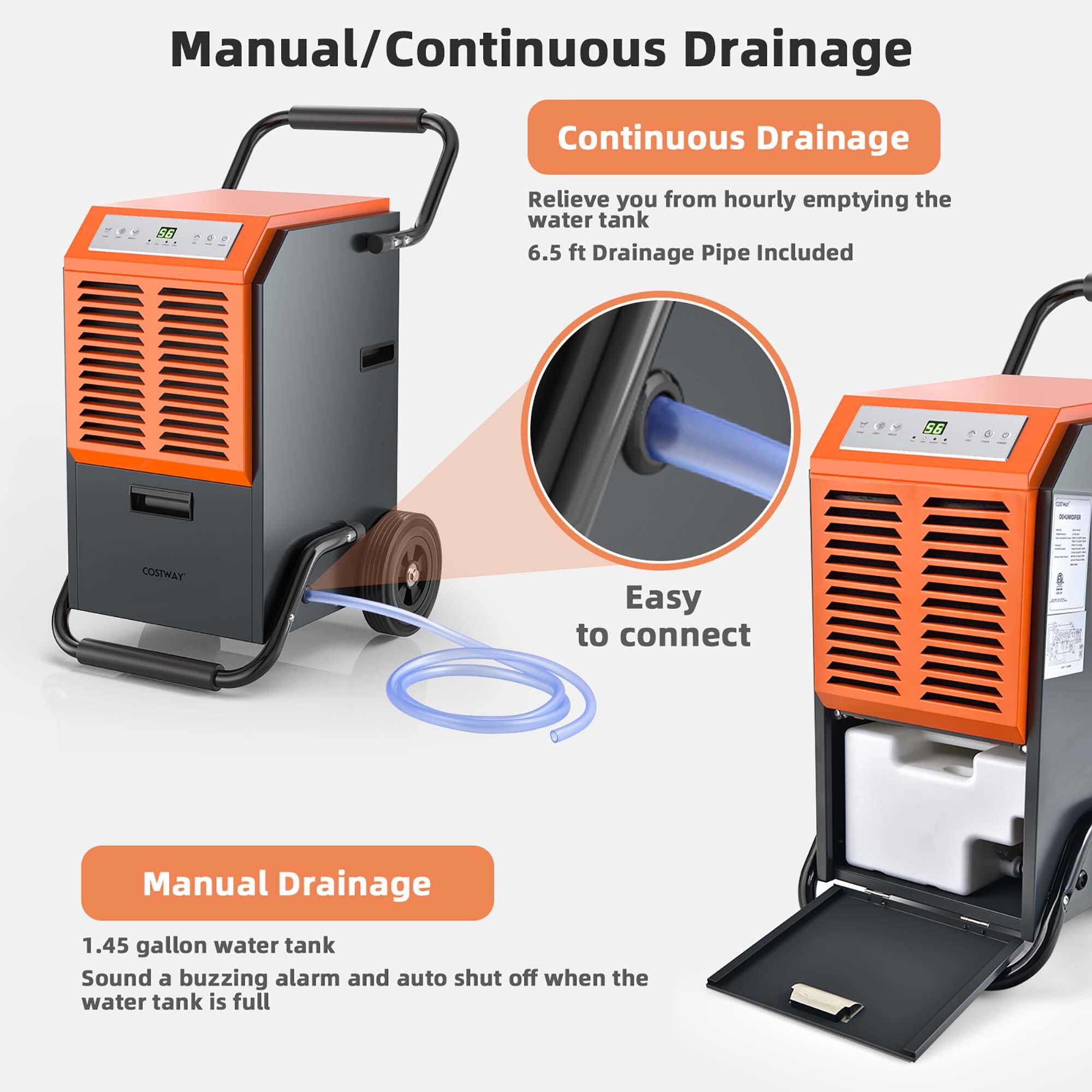 Manual/Continuous Drainage:

* Relieve you from hourly emptying the water tank
* 6.5 ft Drainage Pipe Included
* Easy to connect
* Manual Drainage
* 1.45 gallon water tank
* Sound a buzzing alarm and auto shut off when the water tank is full