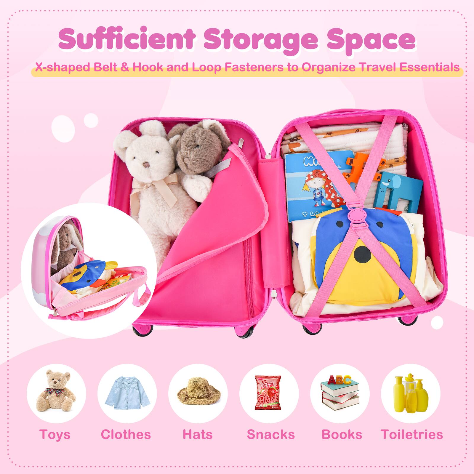 Sufficient Storage Space  
X-shaped Belt & Hook and Loop Fasteners to Organize Travel Essentials  

Toys  
Clothes  
Hats  
Snacks  
Books  
Toiletries