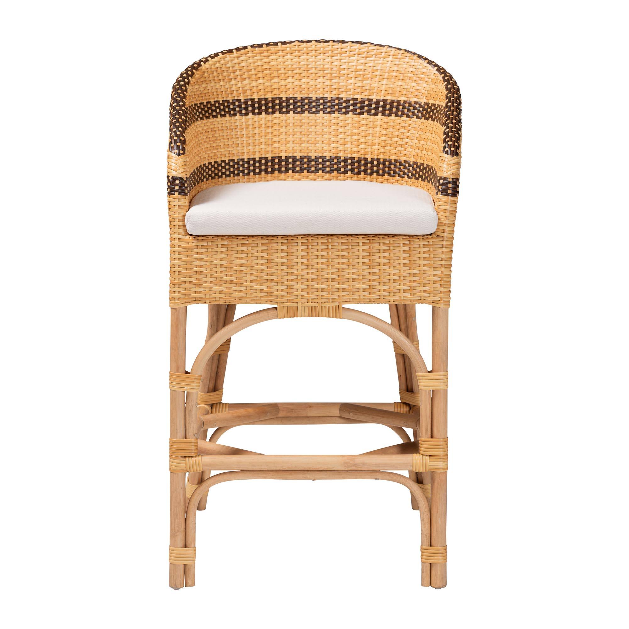 Angle. bali & pari - Elma Rattan Counter Stool with Cushion - Barrel-Back Counter Chair with Synthetic Woven and Natural Rattan Frame - Natural Brown/Dark Brown.