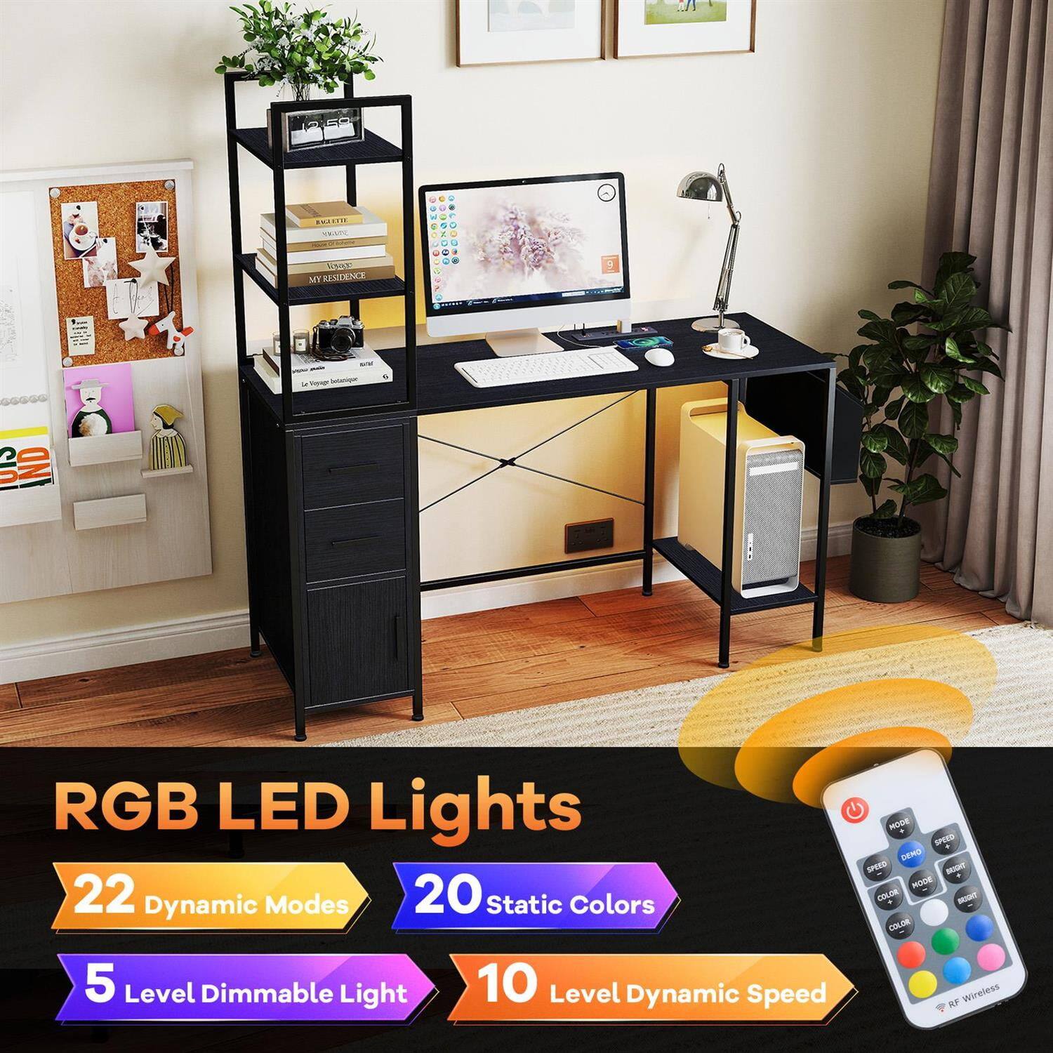 RGB LED Lights  
22 Dynamic Modes  
20 Static Colors  
5 Level Dimmable Light  
10 Level Dynamic Speed  
RF Wireless
