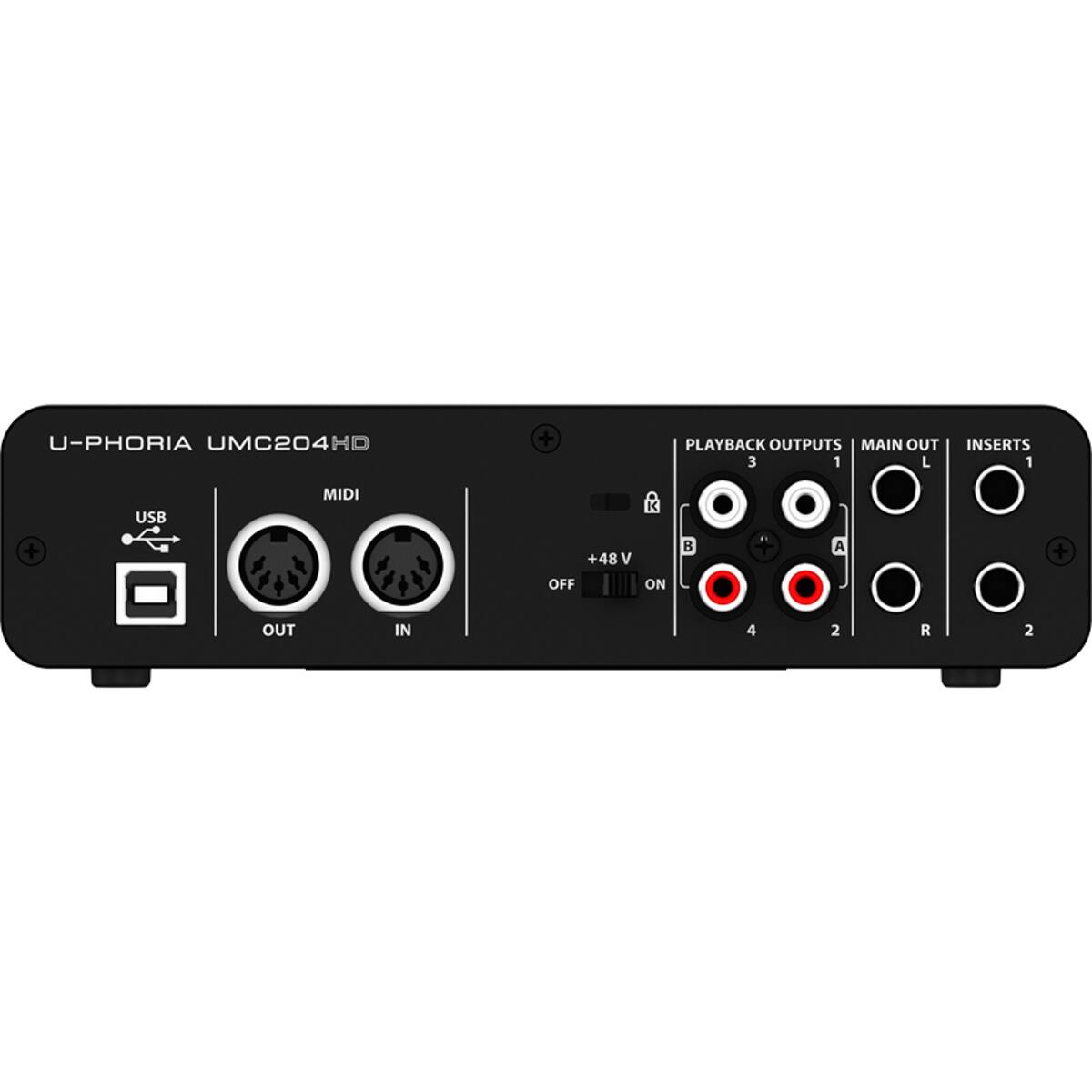 U-PHORIA UMC204 HD

USB OUT IN  
MIDI  
+48 V OFF ON  
PLAYBACK OUTPUTS 3 1 L 1  
MAIN OUT  
INSERTS 3 1 L 1  
4 2 R 2