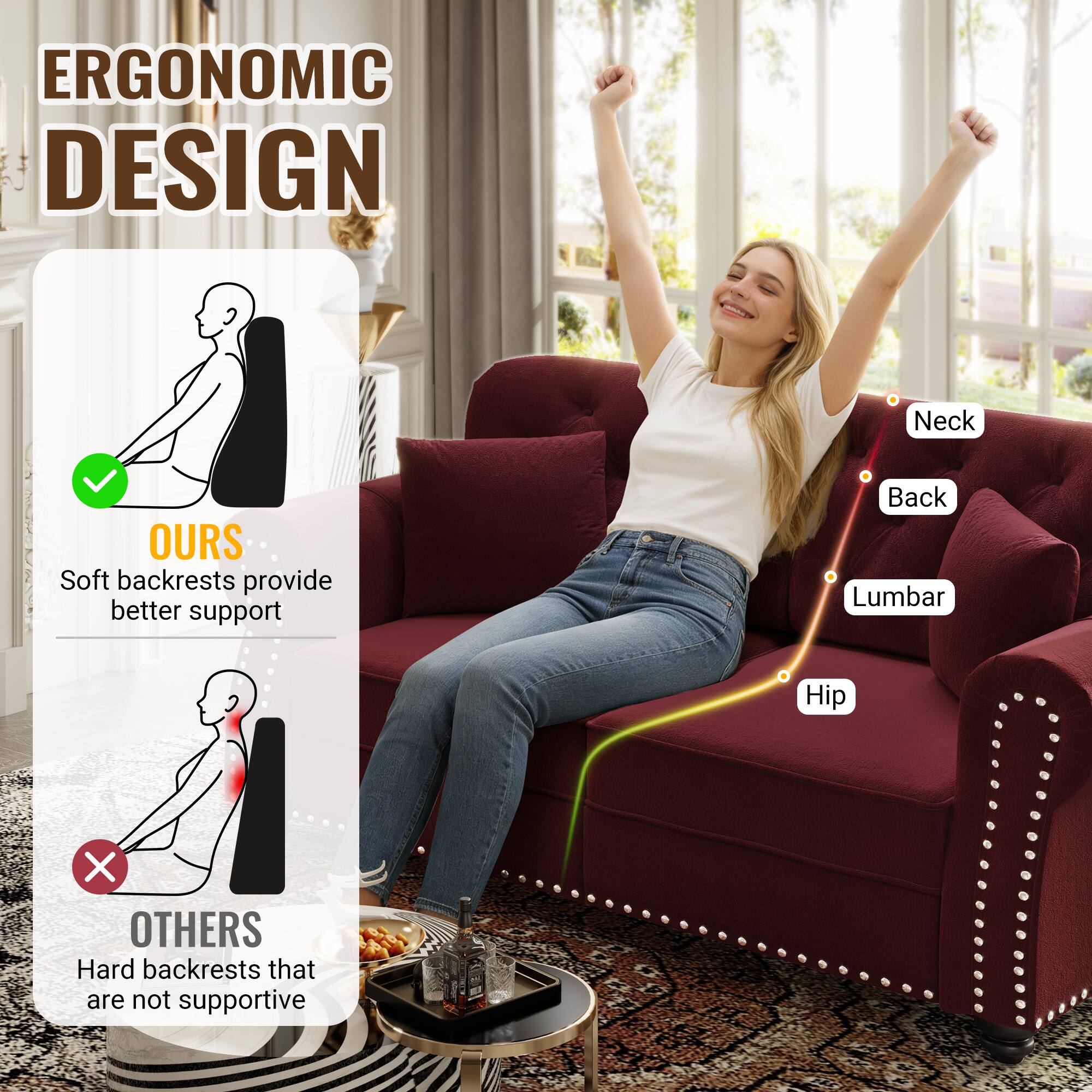 ERGONOMIC DESIGN

Neck Back Lumbar Hip

OURS
Soft backrests provide better support

OTHERS
Hard backrests that are not supportive