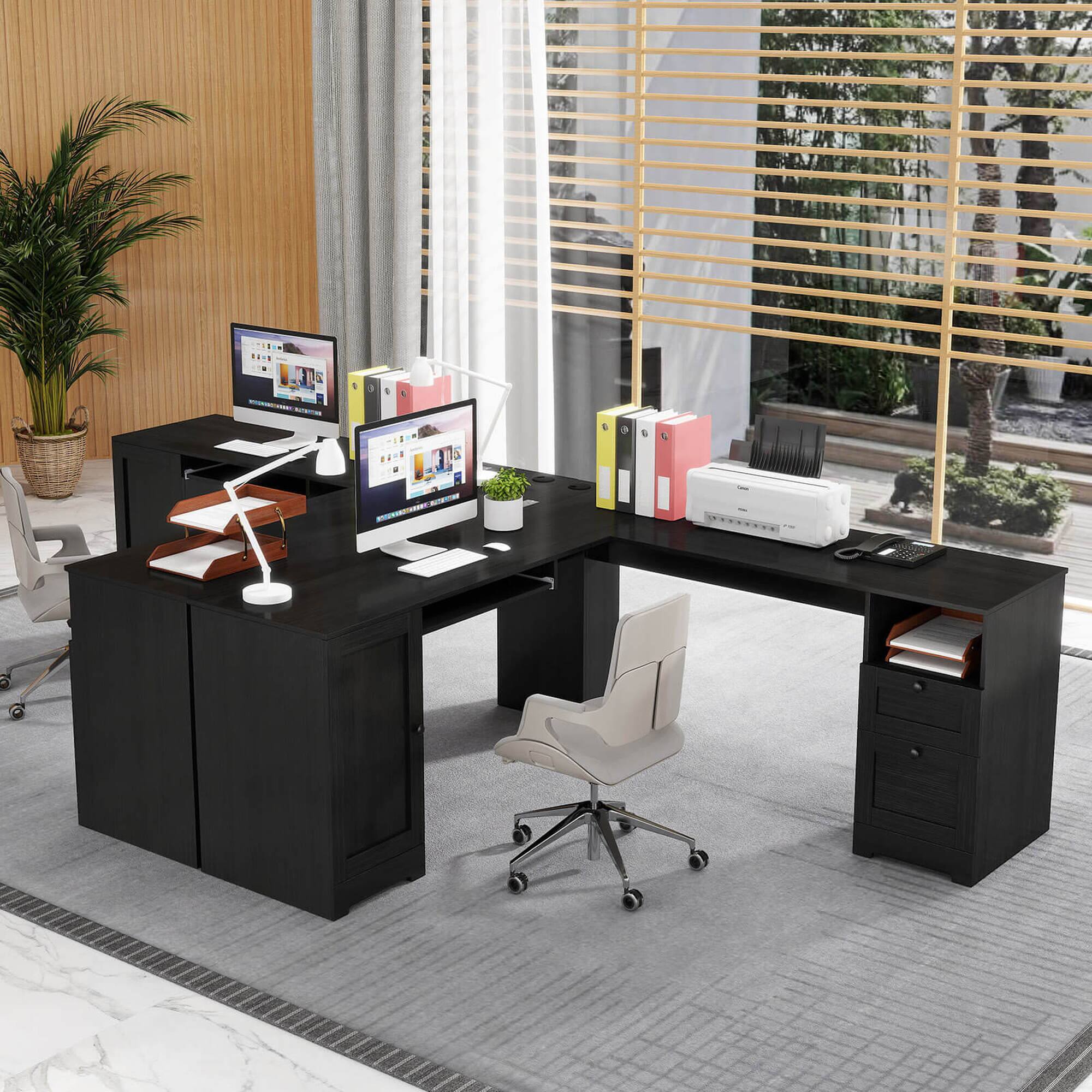 Alt View 1. Costway - Costway L-Shaped Corner Computer Desk Writing Table Study Workstation w/ Drawers Storage - Black.