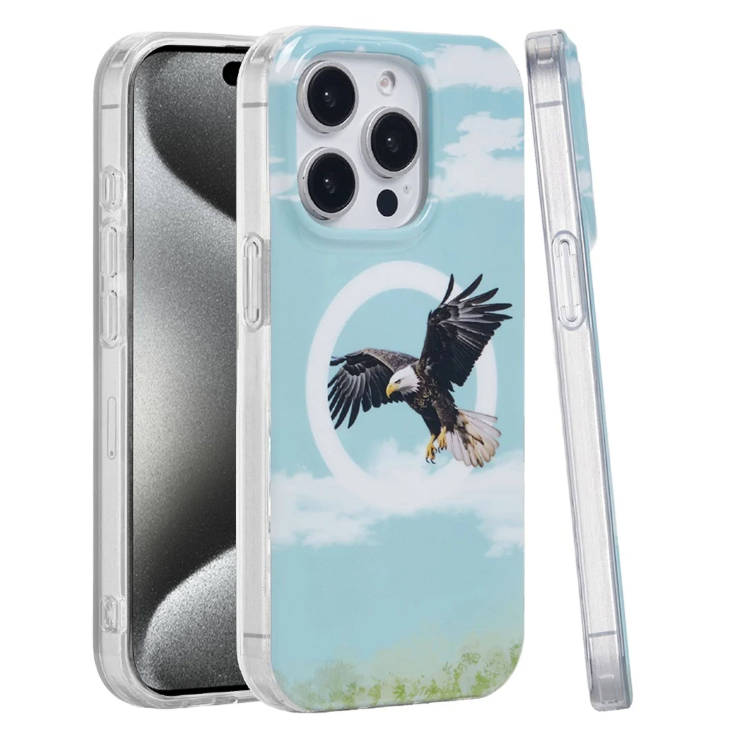 Left. Kitcheniva - Eagle Design Dual Layer TPU Magnetic Circle Phone Case With 2 Pcs Tempered Glass For iPhone 15 Pro Max - Multicolor.