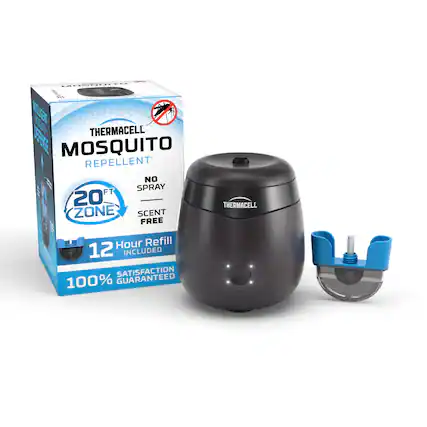 The image features a Thermacell Mosquito Repellent device and a refill cartridge. The device is designed to keep mosquitoes away, providing a scent-free solution for outdoor activities. The refill cartridge ensures that the device remains effective for up to 12 hours, and the satisfaction guarantee ensures that users are completely satisfied with their purchase.