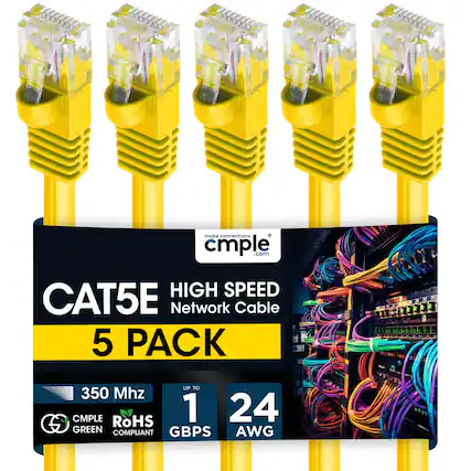 make connections cmple .com
CAT5E
HIGH SPEED Network Cable
5 PACK
350 Mhz
CMPLE
RoHS COMPLIANT
1 GBPS
24 AWG
GREEN