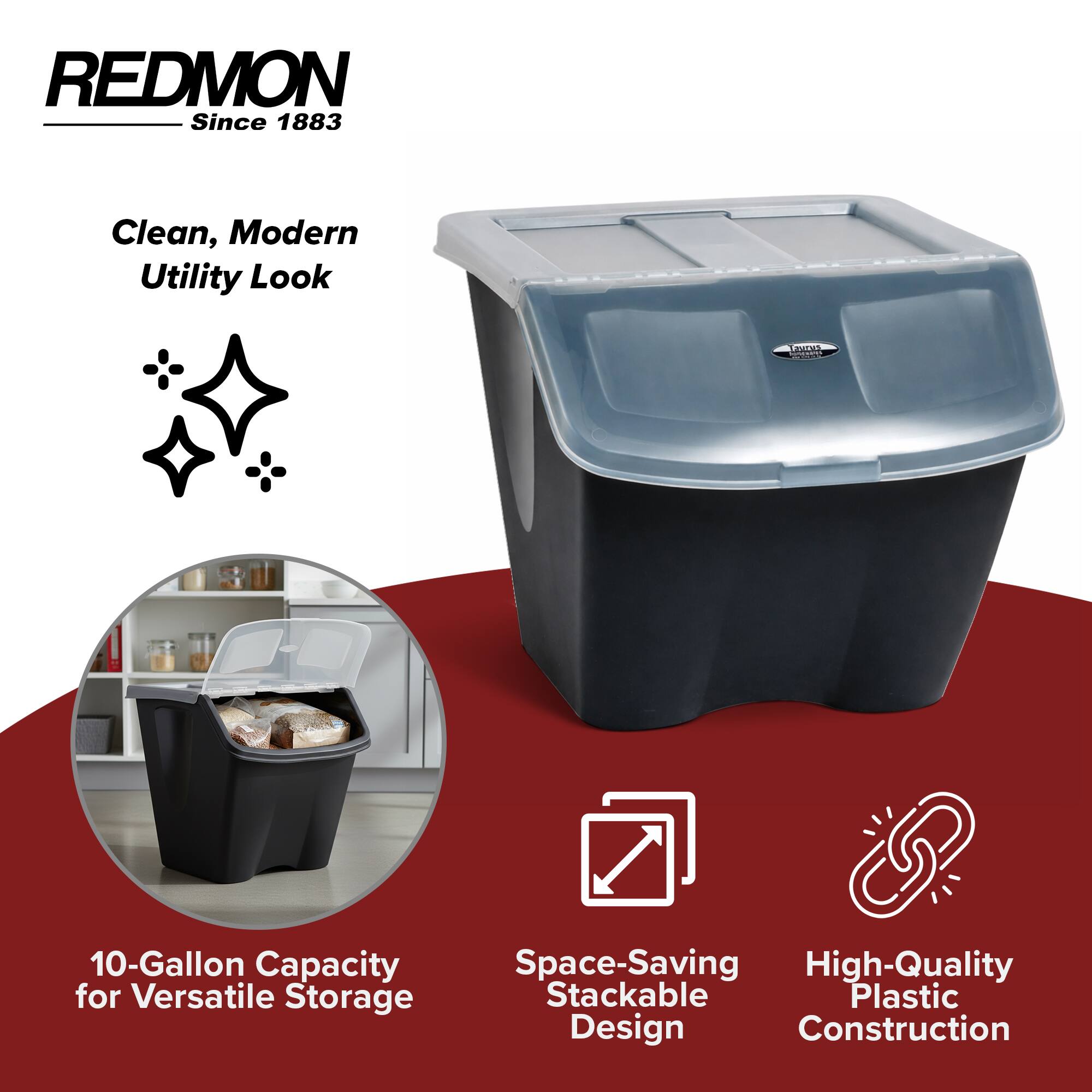 REDMON  
Since 1883

Clean, Modern Utility Look

10-Gallon Capacity for Versatile Storage  
Space-Saving Stackable Design  
High-Quality Plastic Construction