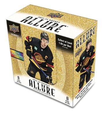 UPPER 2023-24 ALLURE HOCKEY  
UPPER NOCKEY D.E.C.K HOBBY  
ALLURE 2013-24  
Collect at Least 1 Hit per Box!  
UGU Build 2  
8 VANUA Sards  
2023-24 HOCKEY ALLURE  
8  
Collect 14 Packs at
