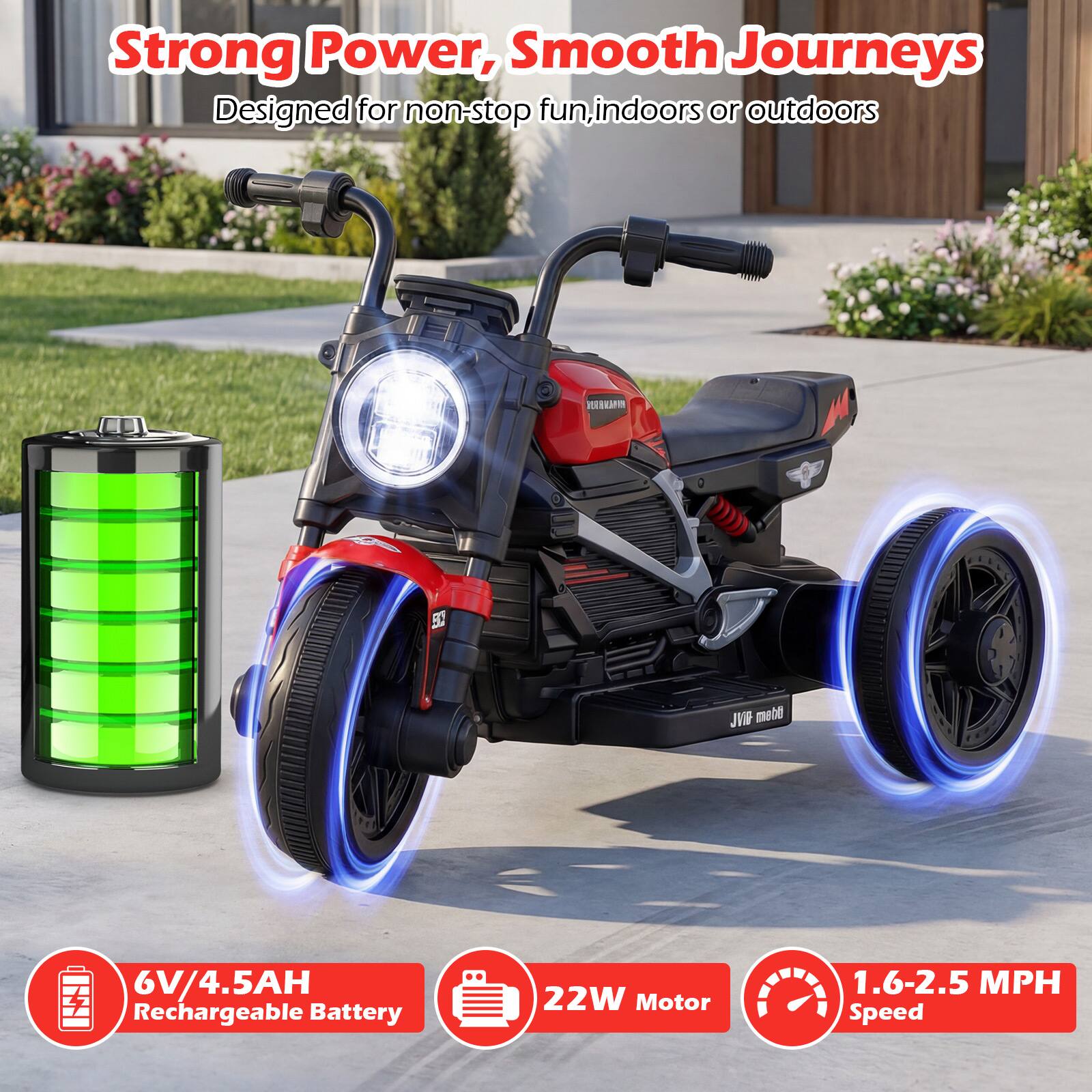 Strong Power, Smooth Journeys  
Designed for non-stop fun, indoors or outdoors  

HM A 50 JVI 000m  
6V/4.5AH Rechargeable Battery  
22W Motor  
1.6-2.5 MPH Speed