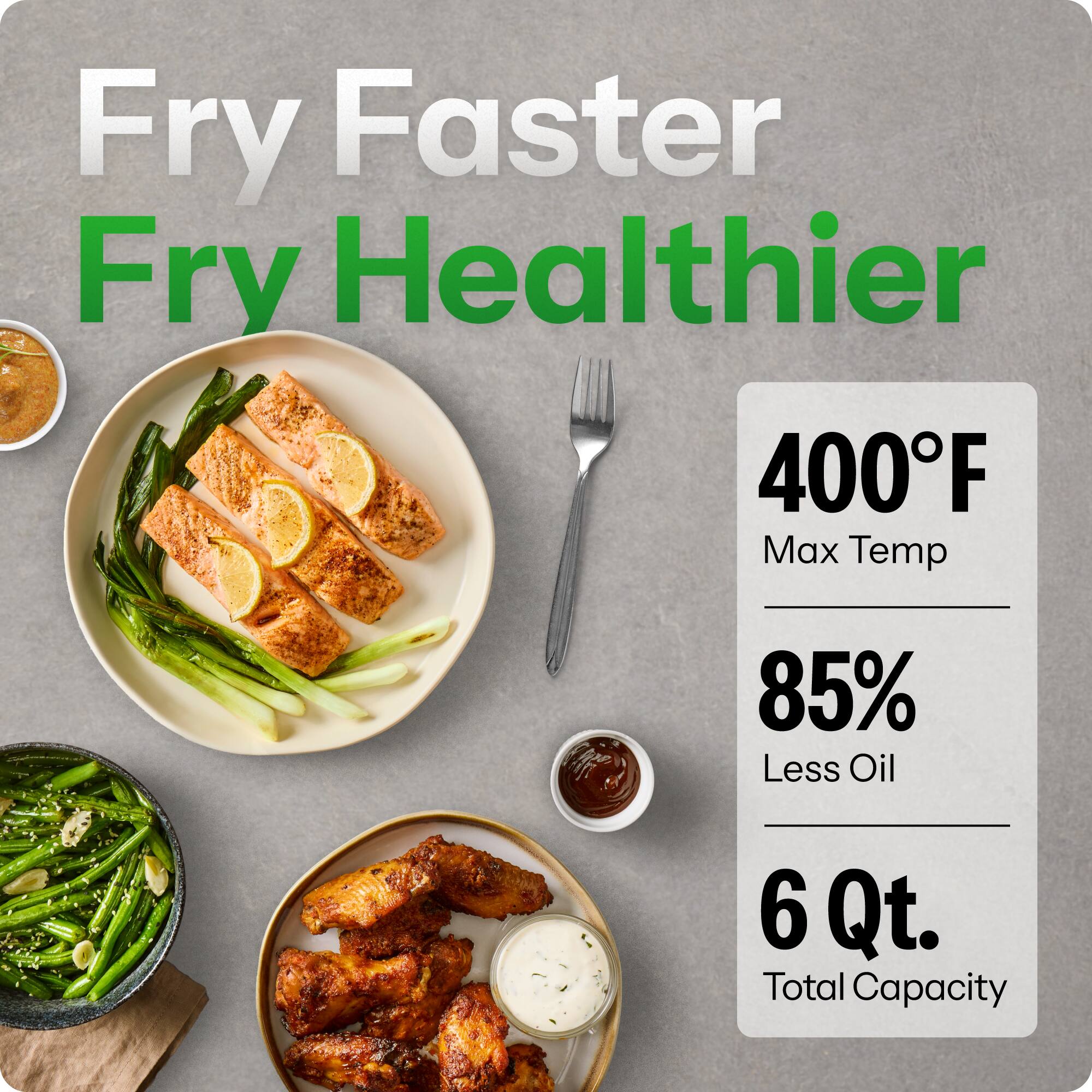 Fry Faster Fry Healthier  
400°F Max Temp  
85% Less Oil  
6 Qt. Total Capacity