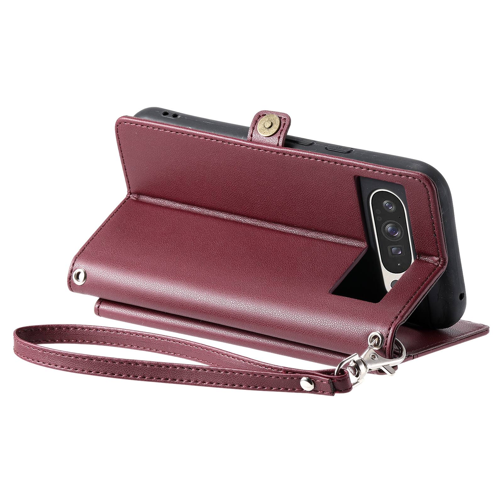 Alt View 5. Dteck - Foilo Wallet Case for Google Pixel 10 Pro XL,Shockproof Card Holder PU Leather Magnetic Snap Phone Cover with Lanyard - Winered.