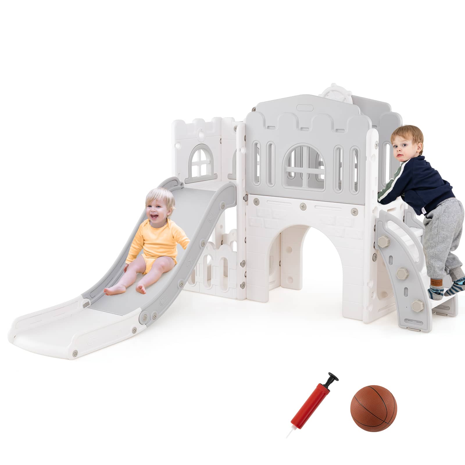 Gymax - 9 in 1 Toddler Slide L Shaped Kids Slide & Climber Playset w/ Basketball Hoop - Gray