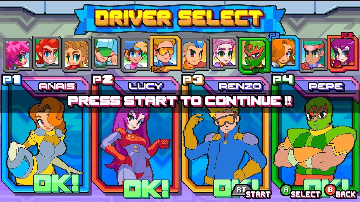 DRIVER SELECT

P1 ANAIS
P2 LUCY
P3 RENZO
P4 PEPE

PRESS START TO CONTINUE!!

OK! OK! OK! OK!

RT START A SELECT B BACK