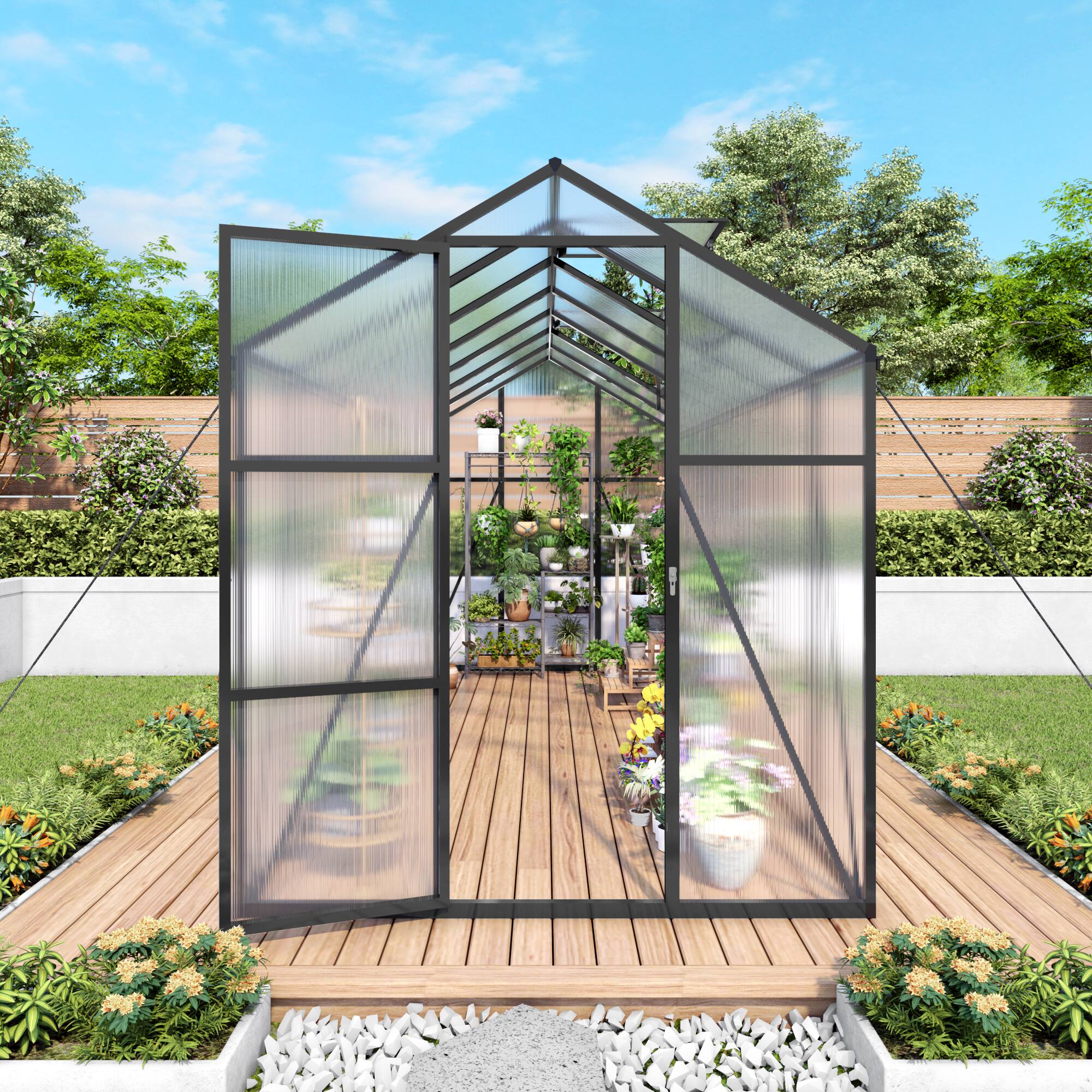 Left. Mondawe - 6x14FT Polycarbonate Garden Greenhouse with Sturdy Aluminum Frame, Adjustable Vents, Lockable Door - Black.