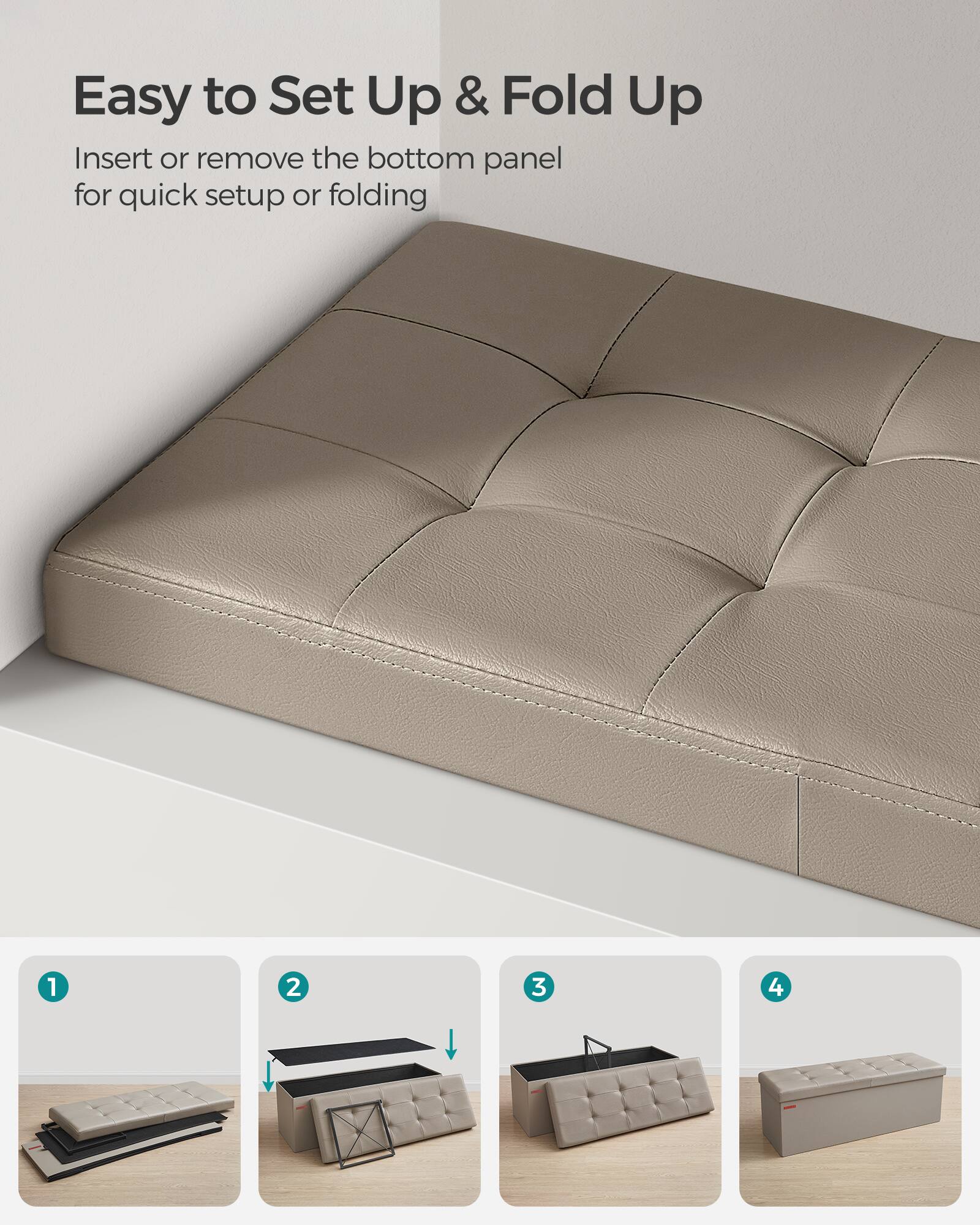 Easy to Set Up & Fold Up

Insert or remove the bottom panel for quick setup or folding

1. [Image of the bottom panel removed]
2. [Image of the bottom panel being inserted]
3. [Image of the bottom panel fully inserted]
4. [Image of the fully assembled sofa]