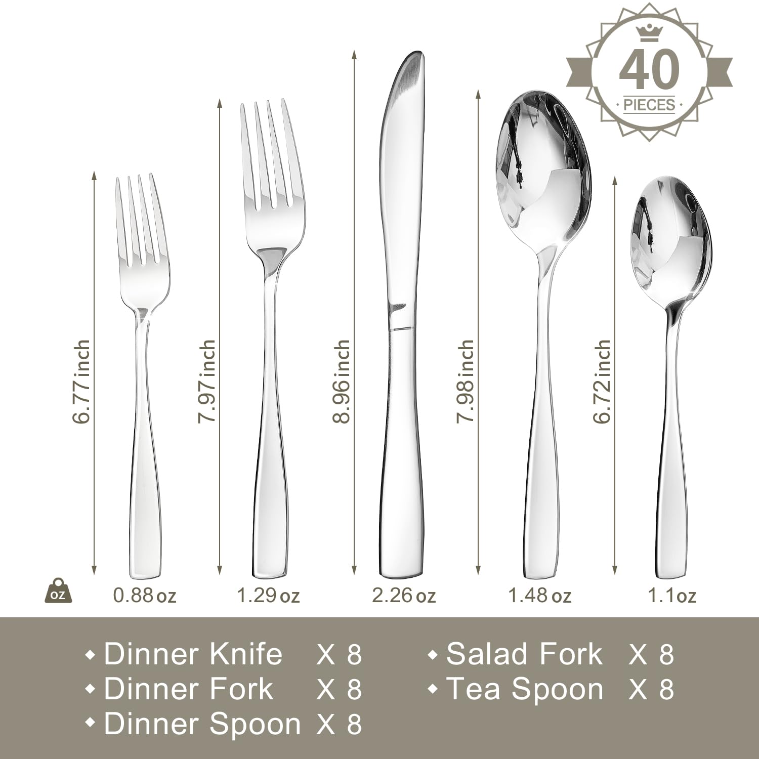 40 PIECES

- Dinner Knife X 8 (6.77 inch, 0.88 oz)
- Dinner Fork X 8 (7.97 inch, 1.29 oz)
- Dinner Spoon X 8 (8.96 inch, 2.26 oz)
- Salad Fork X 8 (7.98 inch, 1.48 oz)
- Tea Spoon X 8 (6.72 inch, 1.1 oz)