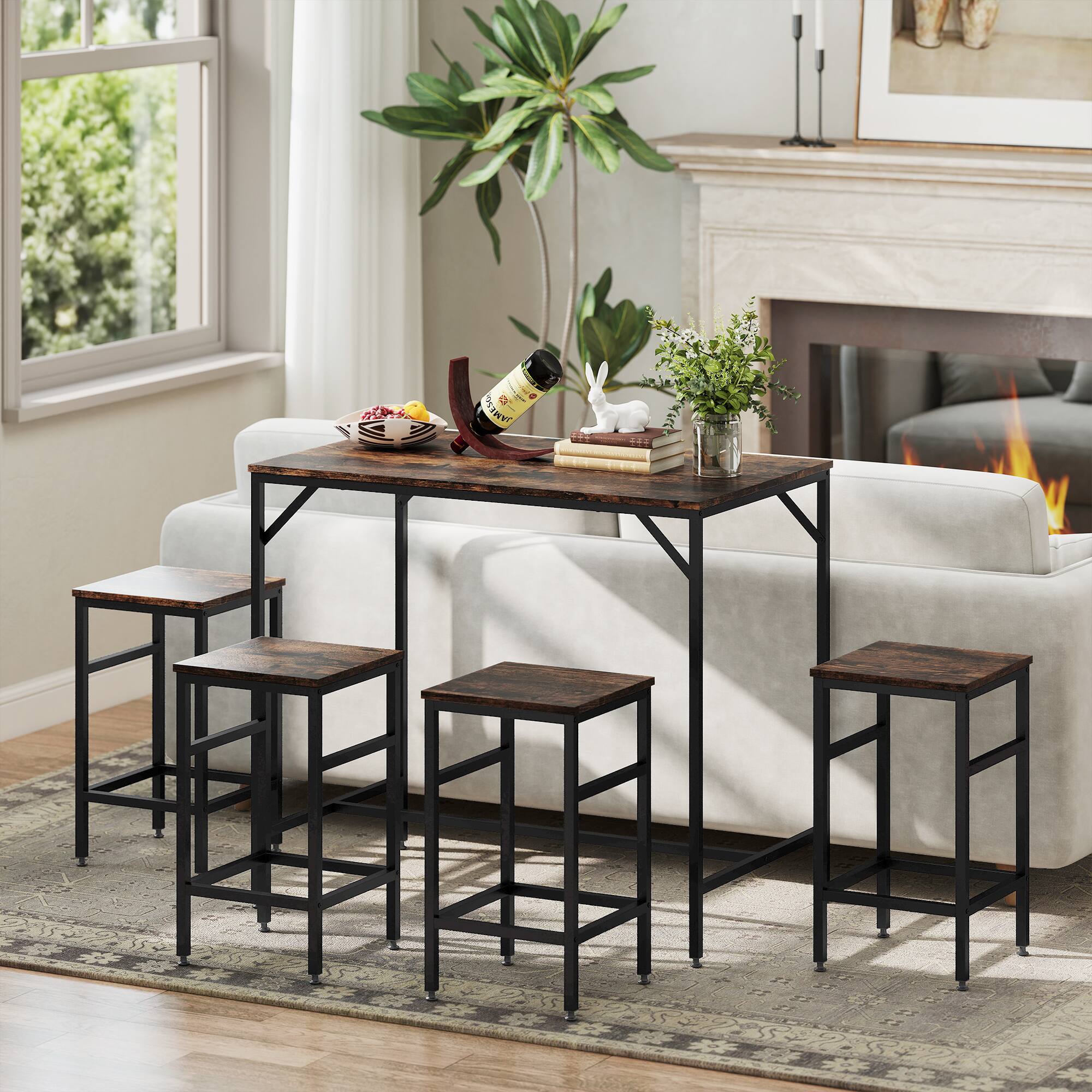 Alt View 7. Homcom - 5-Piece Industrial Dining Table Set, Bar Table & 4 Stools Set, Space Saving for Pub & Kitchen - Rustic Brown.