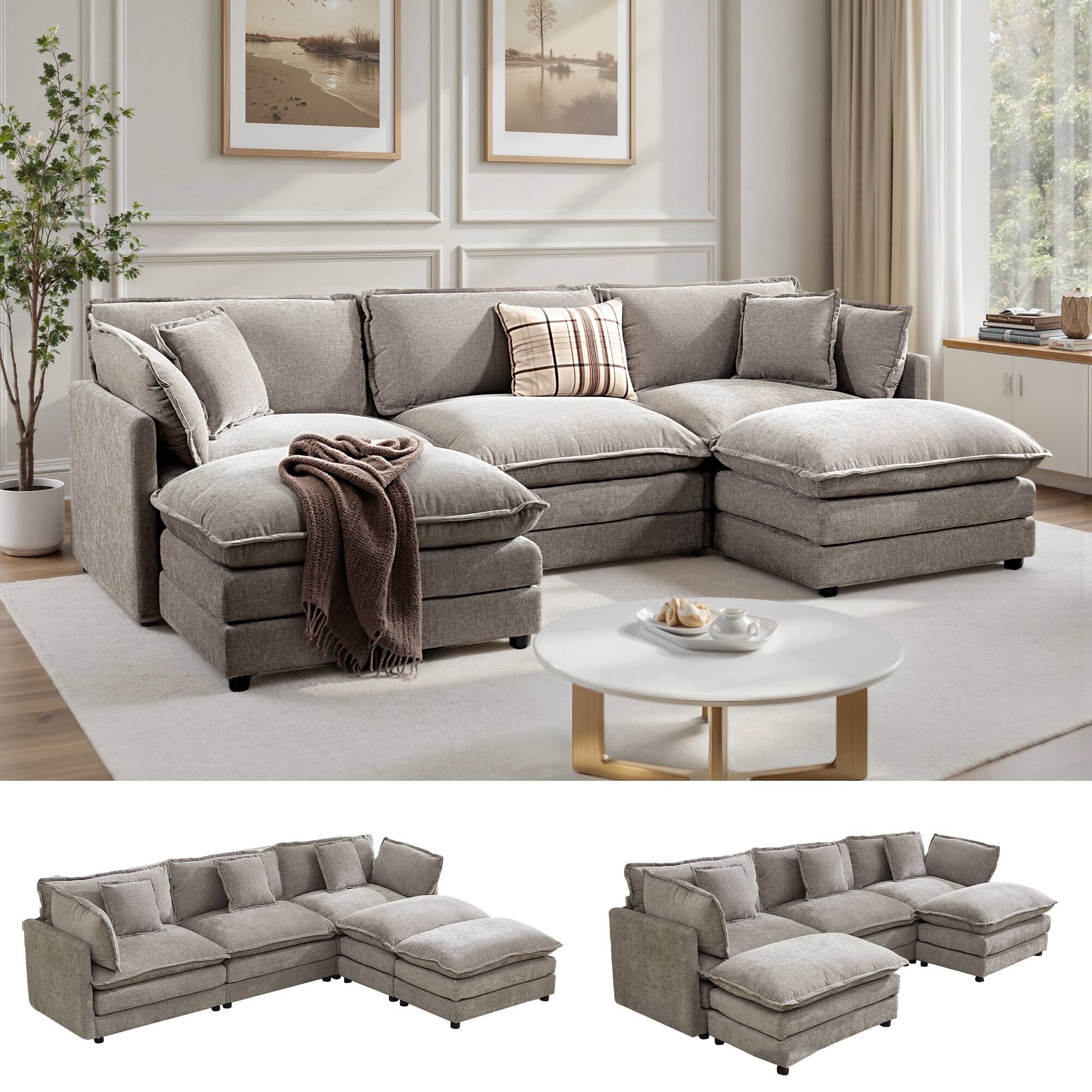 Alt View 5. KERDOM - Modular 3 Seat Sofa Set with 2 Ottomans, Chenille Sleeper Sofa Bed, Convertible Sectional L Shaped Couch Chaise Longue - Grey.