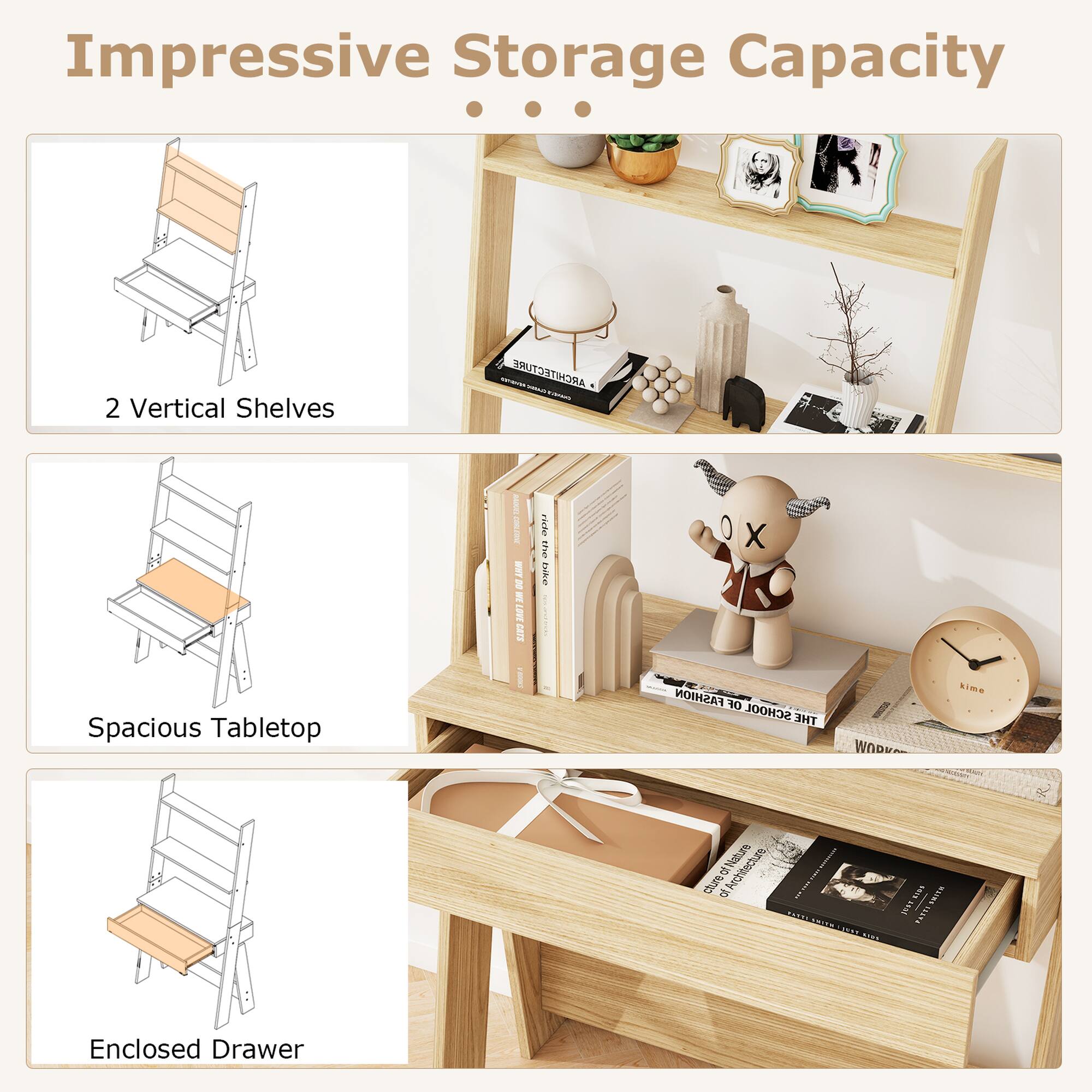 Impressive Storage Capacity

- 2 Vertical Shelves
- Spacious Tabletop
- Enclosed Drawer