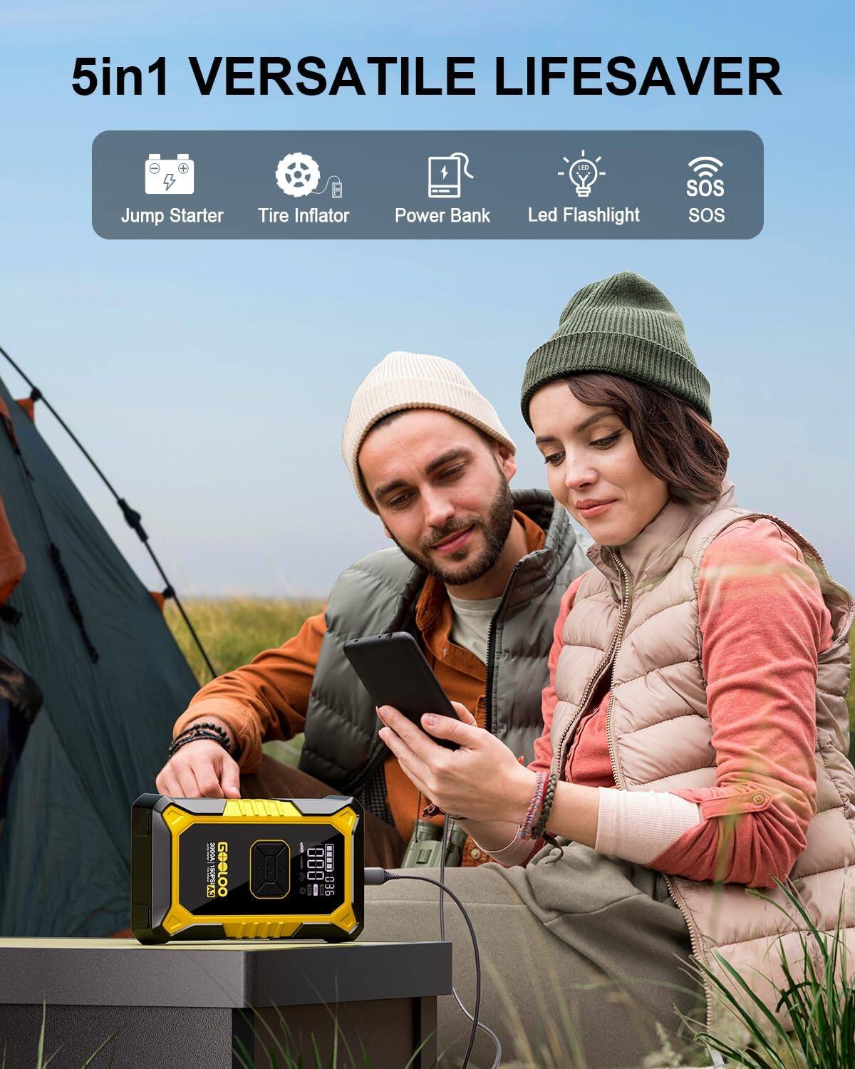 5in1 VERSATILE LIFESAVER  
Jump Starter Tire Inflator Power Bank Led Flashlight SOS  
3000A  
GeeLOO  
1I8  
800 M....  
980