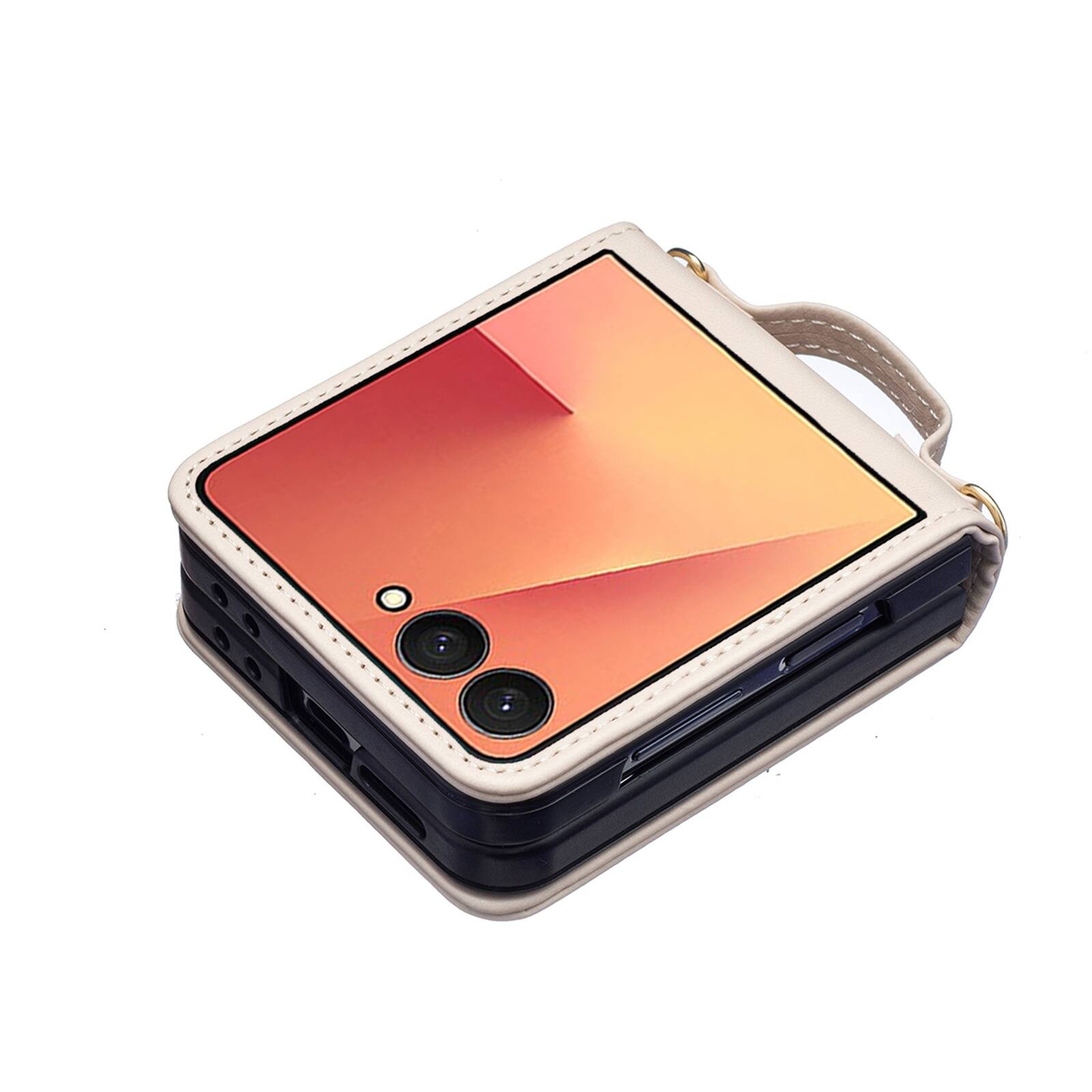Back. Dteck - Shockproof Case for Samsung Galaxy Z Flip8 with Crossbody Lanyard, PU Leather Hard PC Cover, Raised Edge Camera Defense - Beige.