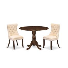 East West Furniture - 3 Piece Dining Table Set Contains a Round Kitchen Table with Dropleaf - Brown