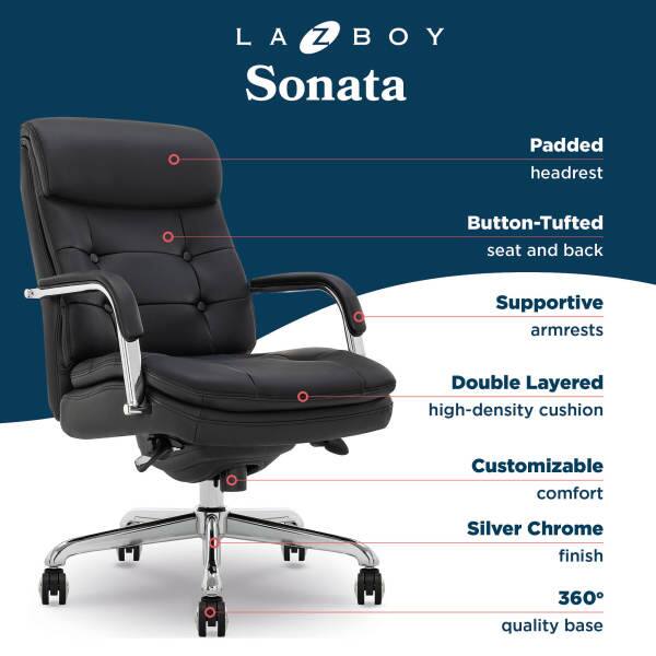 LAZBOY Sonata  
Padded headrest  
Button-Tufted seat and back  
Supportive armrests  
Double Layered high-density cushion  
Customizable comfort  
Silver Chrome finish  
360° quality base