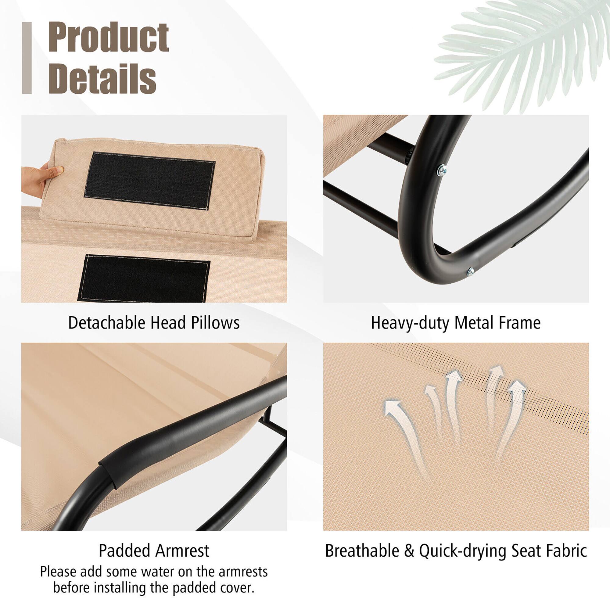 Product Details

- Detachable Head Pillows
- Heavy-duty Metal Frame
- Padded Armrest
  - Please add some water on the armrests before installing the padded cover.
- Breathable & Quick-drying Seat Fabric