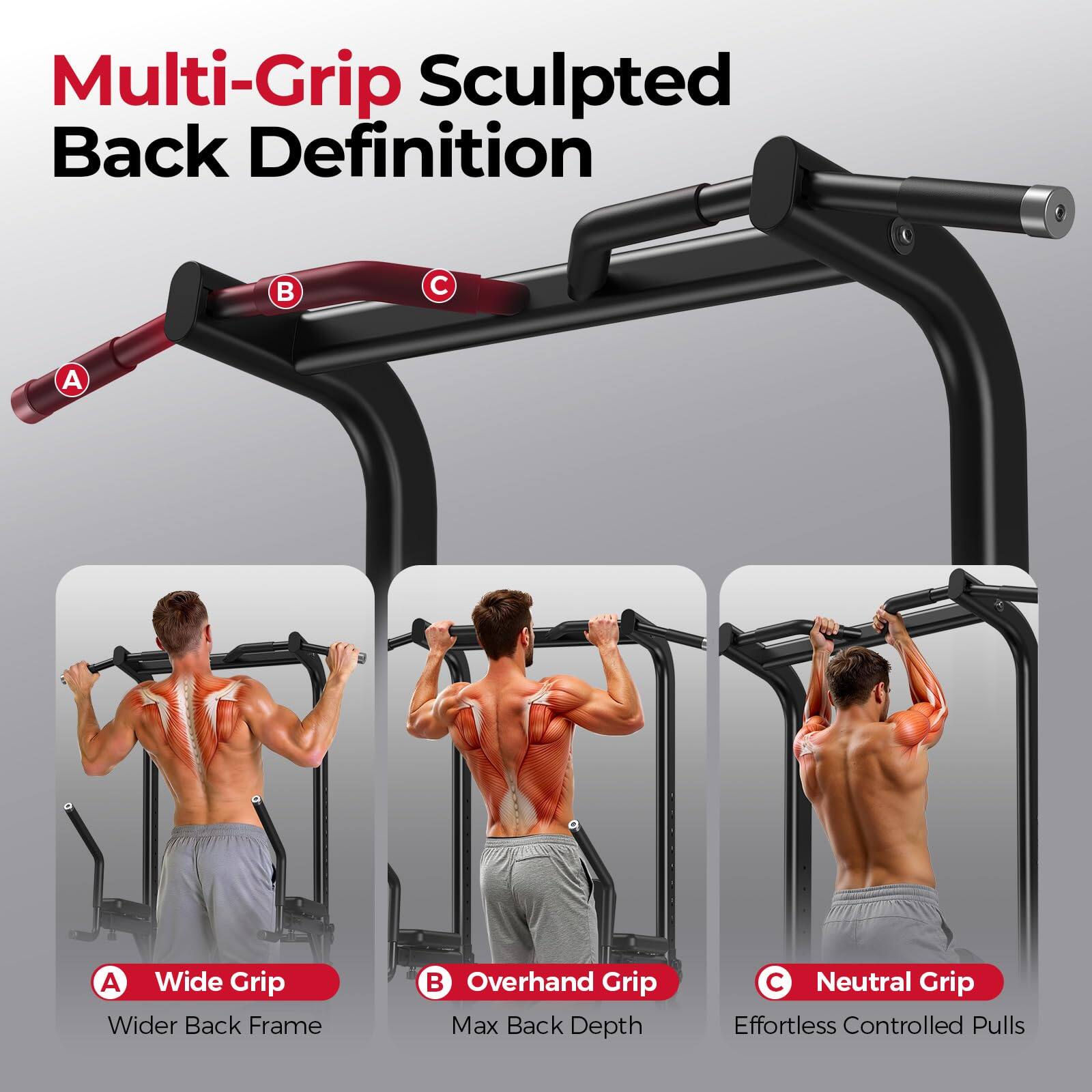 Multi-Grip Sculpted Back Definition

A. Wide Grip  
Wider Back Frame

B. Overhand Grip  
Max Back Depth

C. Neutral Grip  
Effortless Controlled Pulls