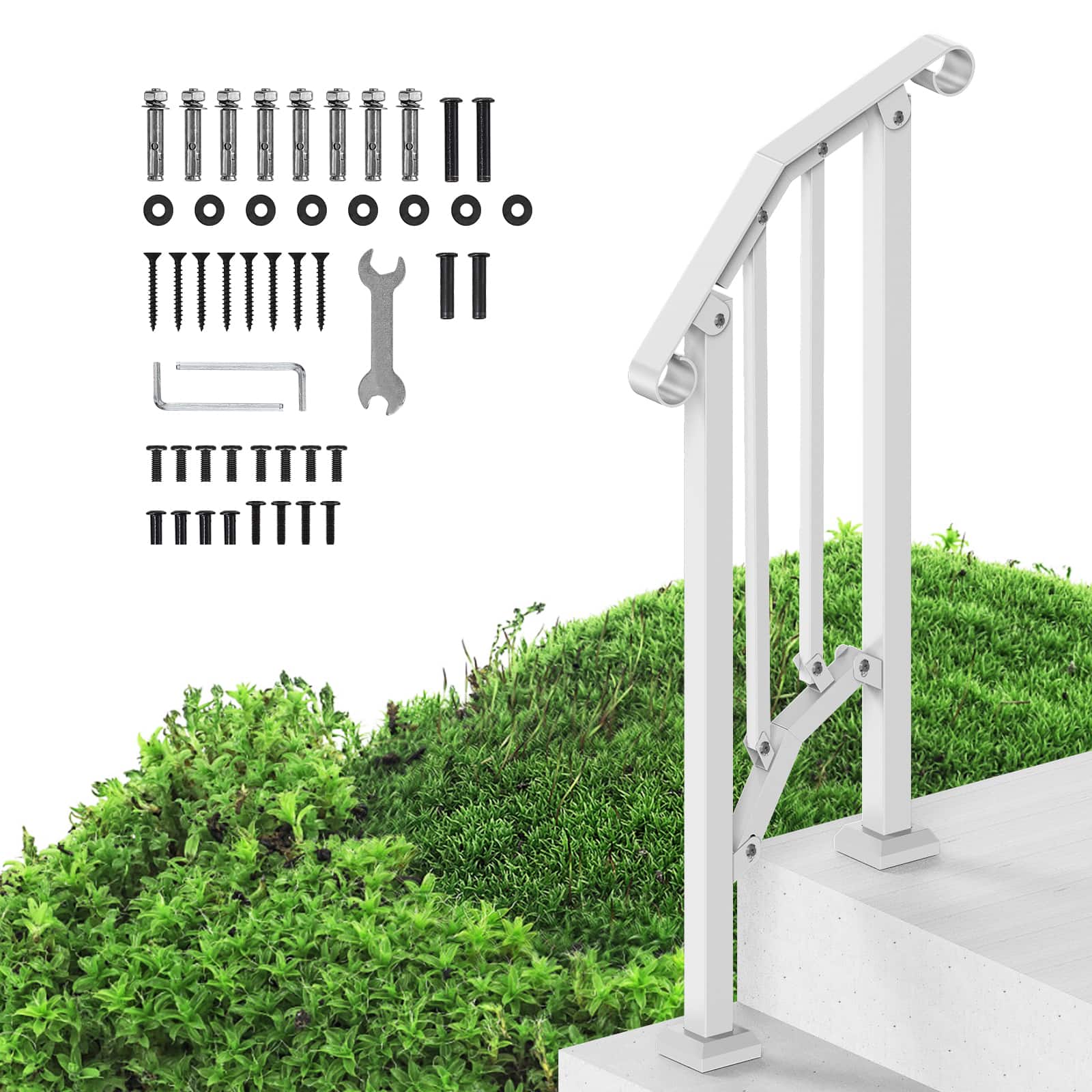 VEVOR - Handrails for Outdoor Steps, 1-2 Step Stair Hand Rail Kit, Transitional Carbon Steel Railings with Installation Kit - White
