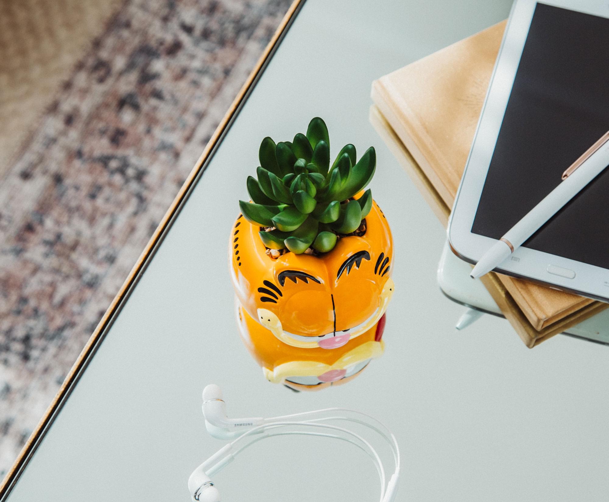 Alt View 4. Silver Buffalo - Garfield 4-Inch Ceramic Mini Planter With Artificial Succulent - Orange.