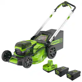 Greenworks - 60V 21" Brushless Self-Propelled Battery Powered Lawn Mower + (2) 4.0Ah Batteries & Dual Port Charger - Green