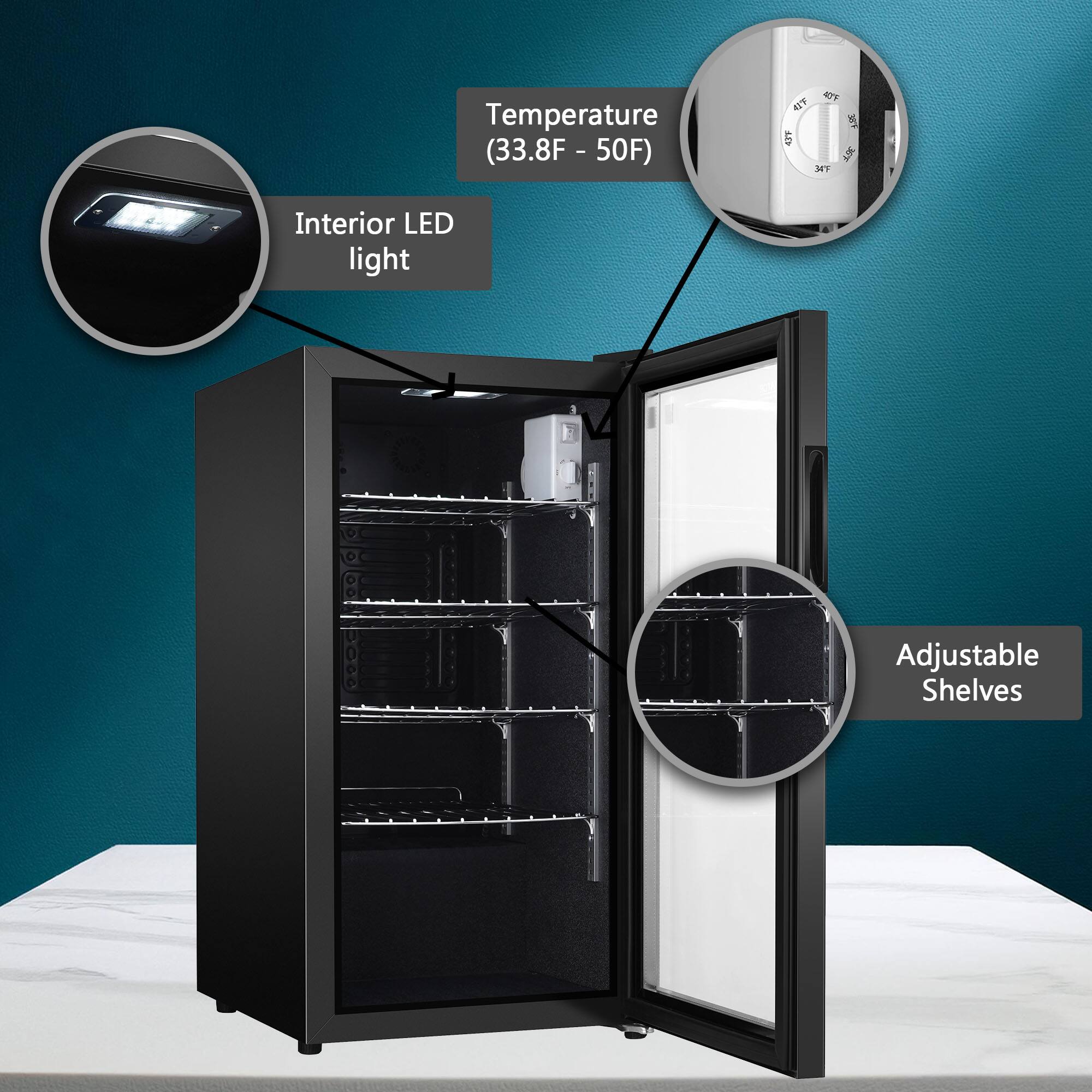 - Temperature (33.8°F - 50°F)
- Interior LED light
- Adjustable Shelves