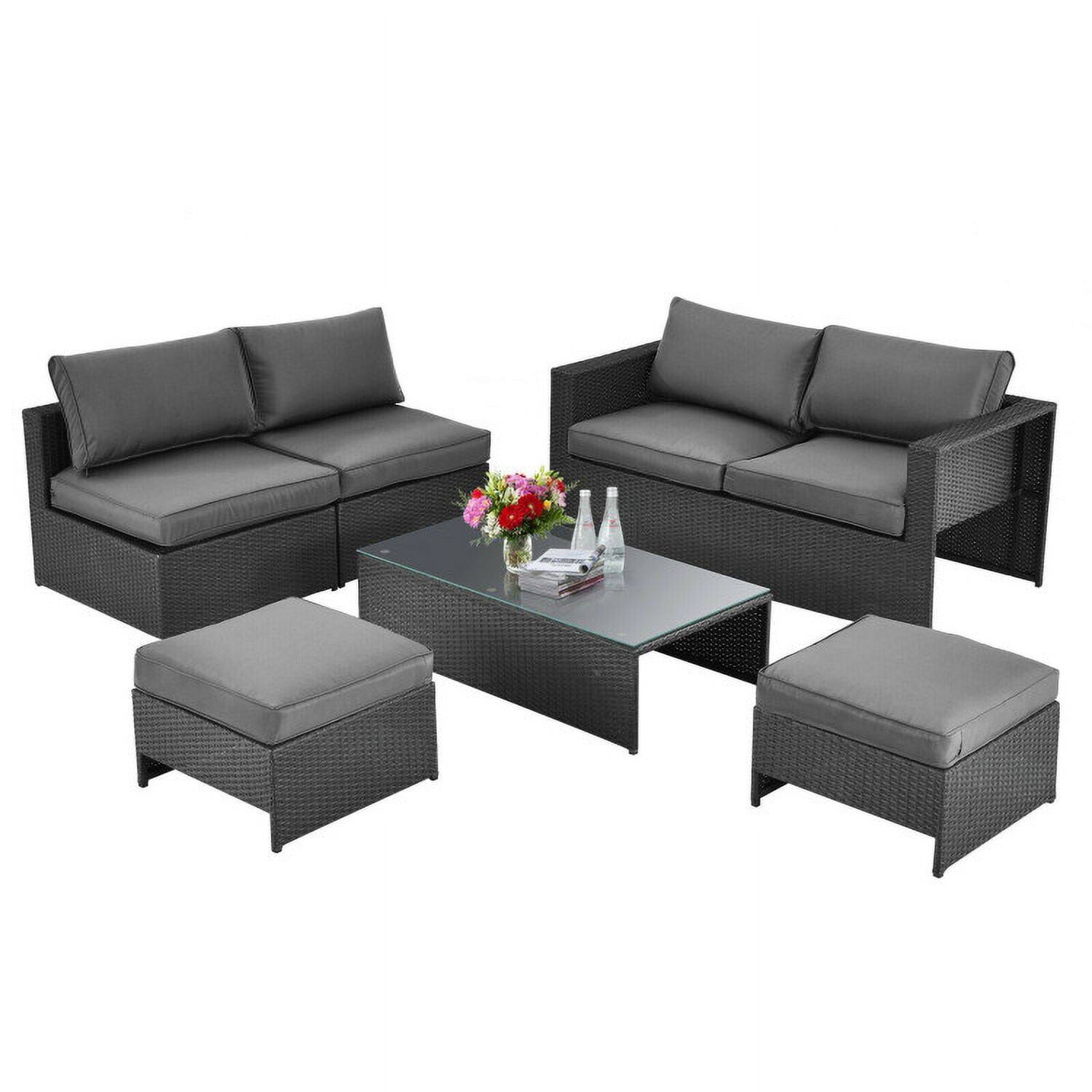 Alt View 1. Kadyn - 6 Pcs Patio Rattan Furniture Set with Glass Table and Cushioned Seat-Gray, Patio Seating Conversation Set - Gray.