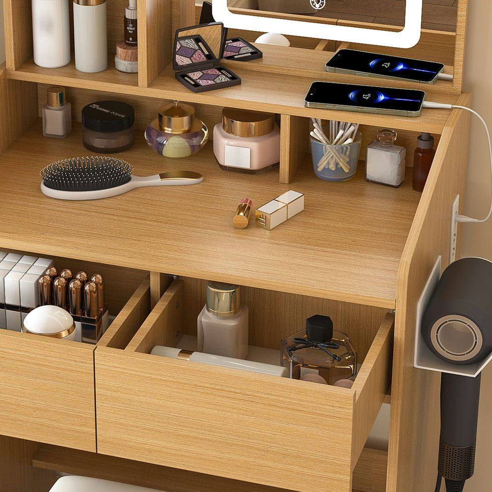 Alt View 9. Kadyn - Vanity Table with LED Mirror and Power Outlet, Compact Dressing Desk - Wood Tone - Brown.