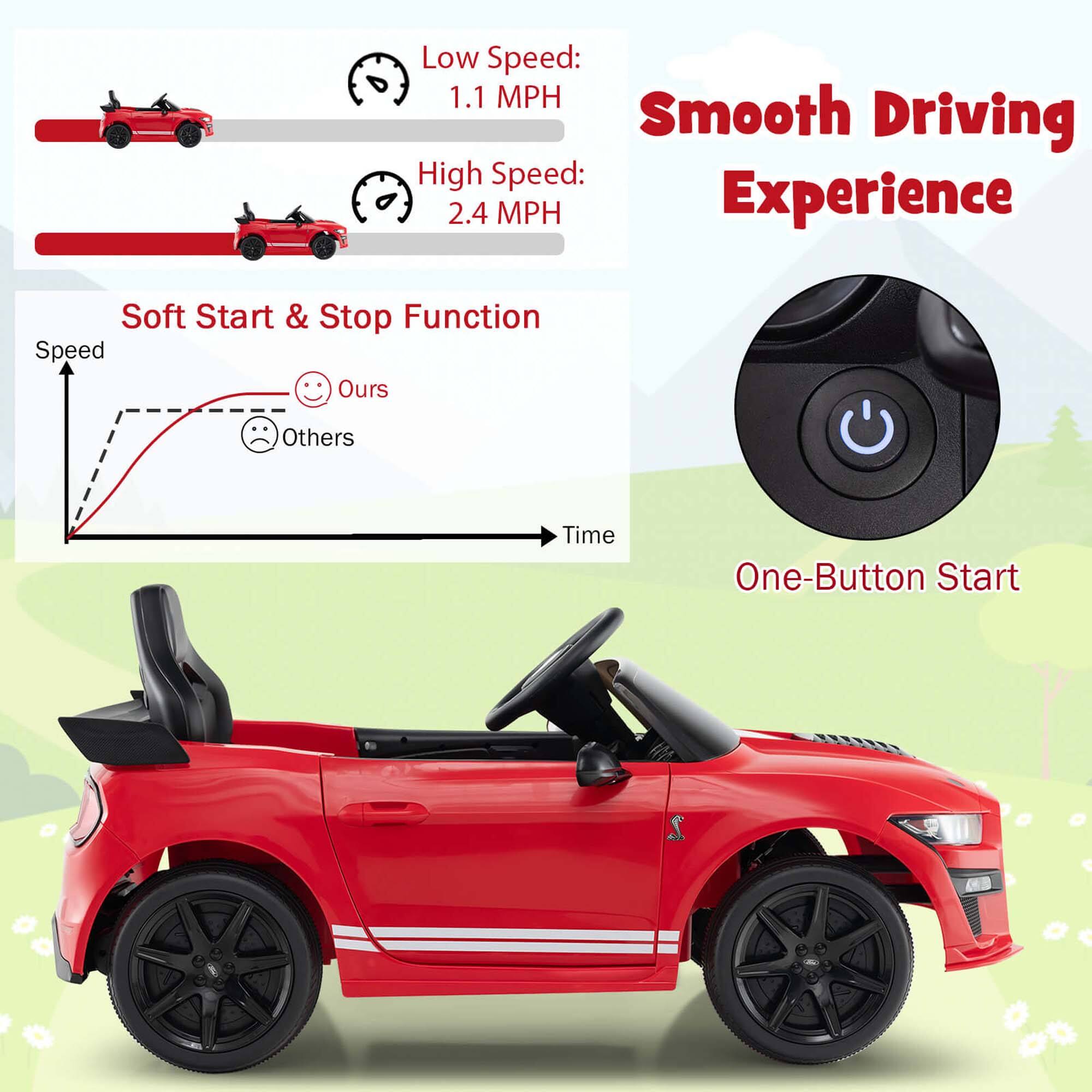 Low Speed: 1.1 MPH  
High Speed: 2.4 MPH  

Smooth Driving Experience  

Soft Start & Stop Function  
Speed  
Ours  
Others  
Time  

One-Button Start