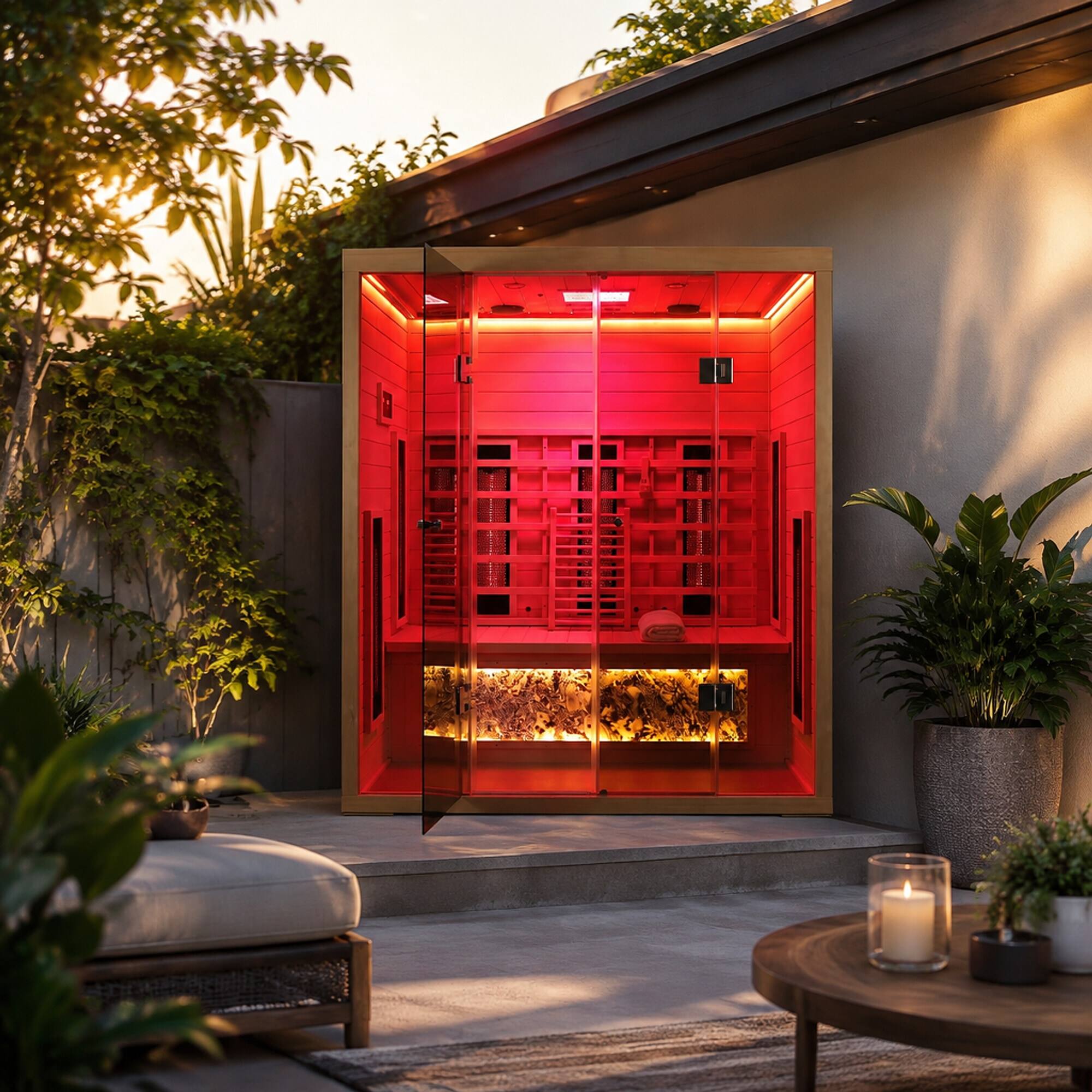 Left. RYHNUYNE - 3 Person Hemlock Wood Far Infrared Sauna, Dry Heat, Low EMF Heaters, Digital Control Panel, Home Spa - Natural.